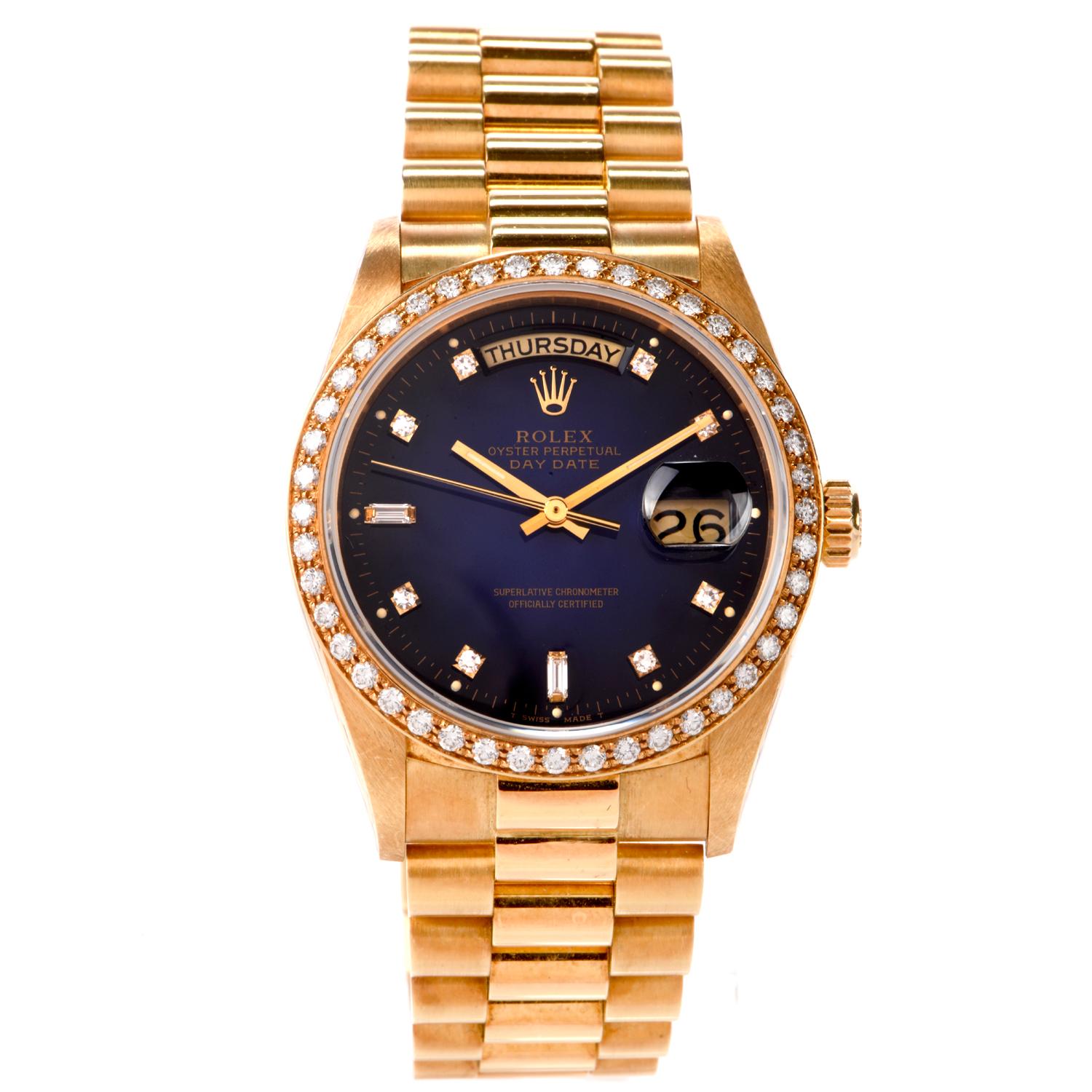 Vintage in like new condition  and highy Collectable Rolex Oyster Perpetual

Day-Date President 18038 Mens Watch CIRCA 1988. 36 mm 18k yellow gold 

case Rare Rolex Blue Dial with Factory set Diamond bezel with diamond dial

with luminous hands.