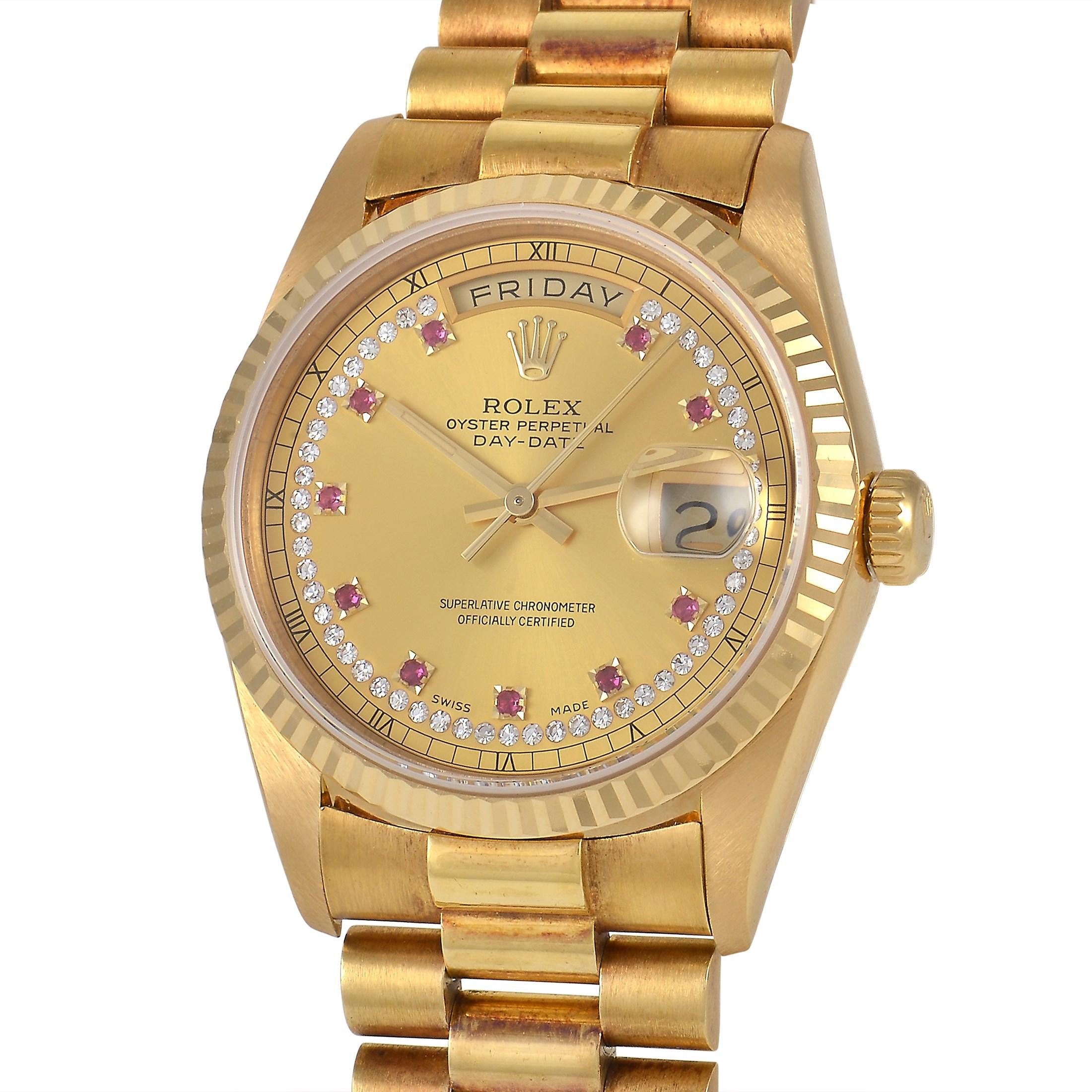 The Rolex President Day Date Diamond and Ruby Watch, reference number 18238, is a classic timepiece that exudes luxury and elegance.

Glittering gemstones make this a truly remarkable piece that will elevate any collection. This watch comes complete