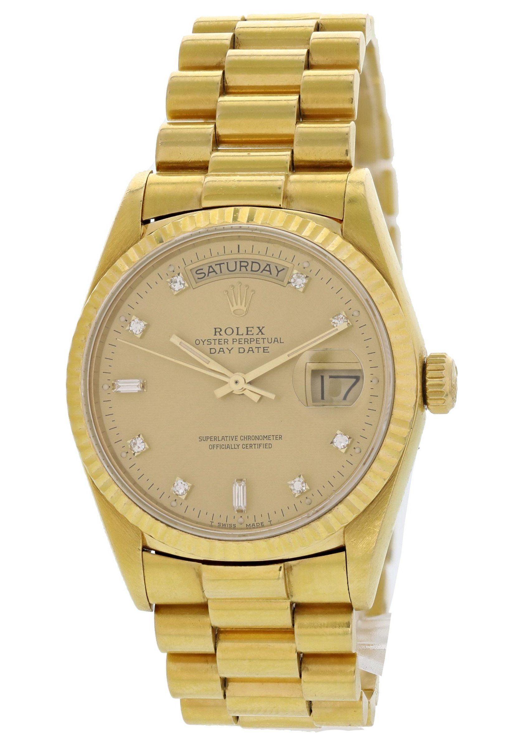 Rolex Oyster Perpetual Day-Date President 18038 Mens Watch. 36 mm 18k yellow gold case. 18k yellow gold fluted bezel. Champagne factory placed diamond dial with luminous hands. Day display at 12 0'clock position. Date display at 3 0'clock position.