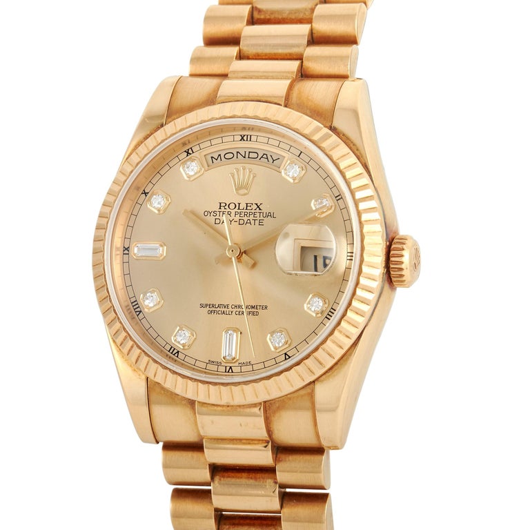 The Rolex President Day-Date Watch, reference number 118238, is a luxury timepiece with an inherently elegant point of view.

Striking and sophisticated, it features a 36mm round case, fluted bezel, and bracelet made from lustrous 18K Yellow Gold.