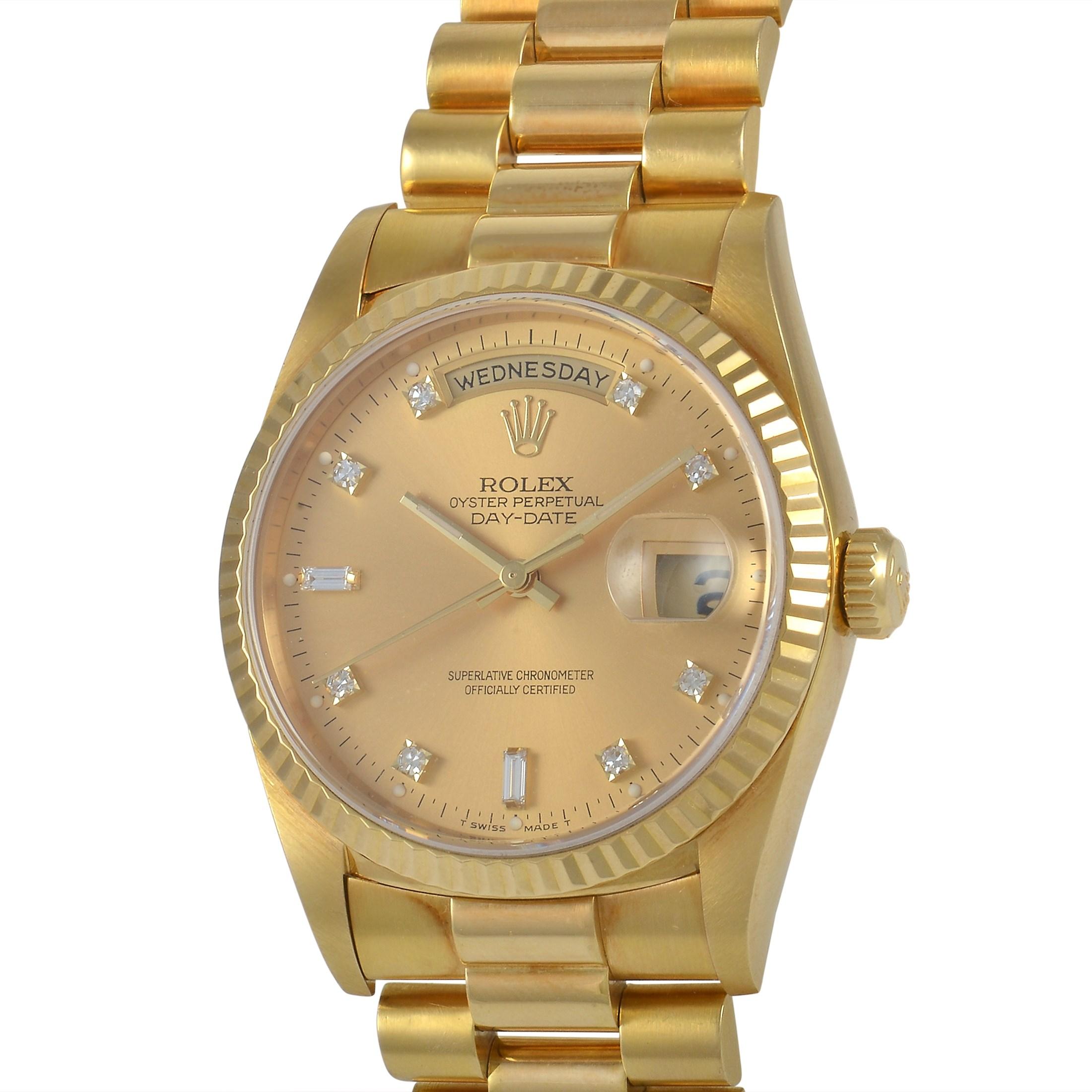 The Rolex Day Date Diamond Watch, reference number 18238A, is an iconic timepiece that is instantly eye-catching.

This luxury timepiece features a 36mm case, bezel, and bracelet crafted from 18K Yellow Gold. The champagne dial comes complete with