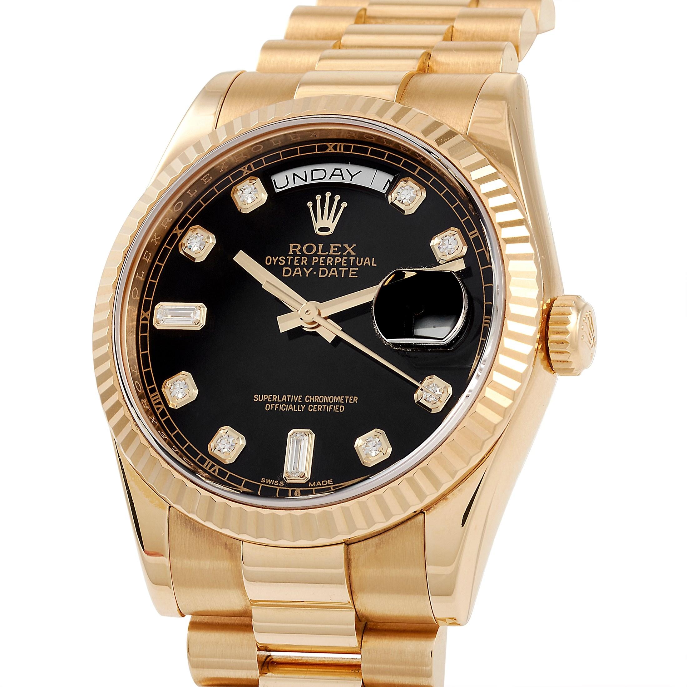 This Rolex Day-Date President, reference number 118238, features the Omani Khanjar symbol marked on the case back and box of the watch. The case is crafted from 18K Yellow Gold, and measures 36mm in diameter. It is presented on a matching yellow