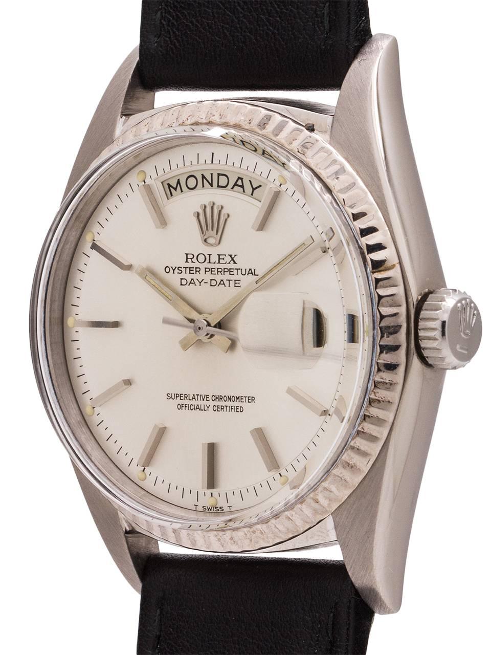 
Exceptional condition vintage Rolex Day Date President ref 1803 serial # 1.5 million circa 1967. Featuring 36mm diameter case with fluted bezel and acrylic crystal.  This example features a robust case with very heavy lugs. A nicely preserved