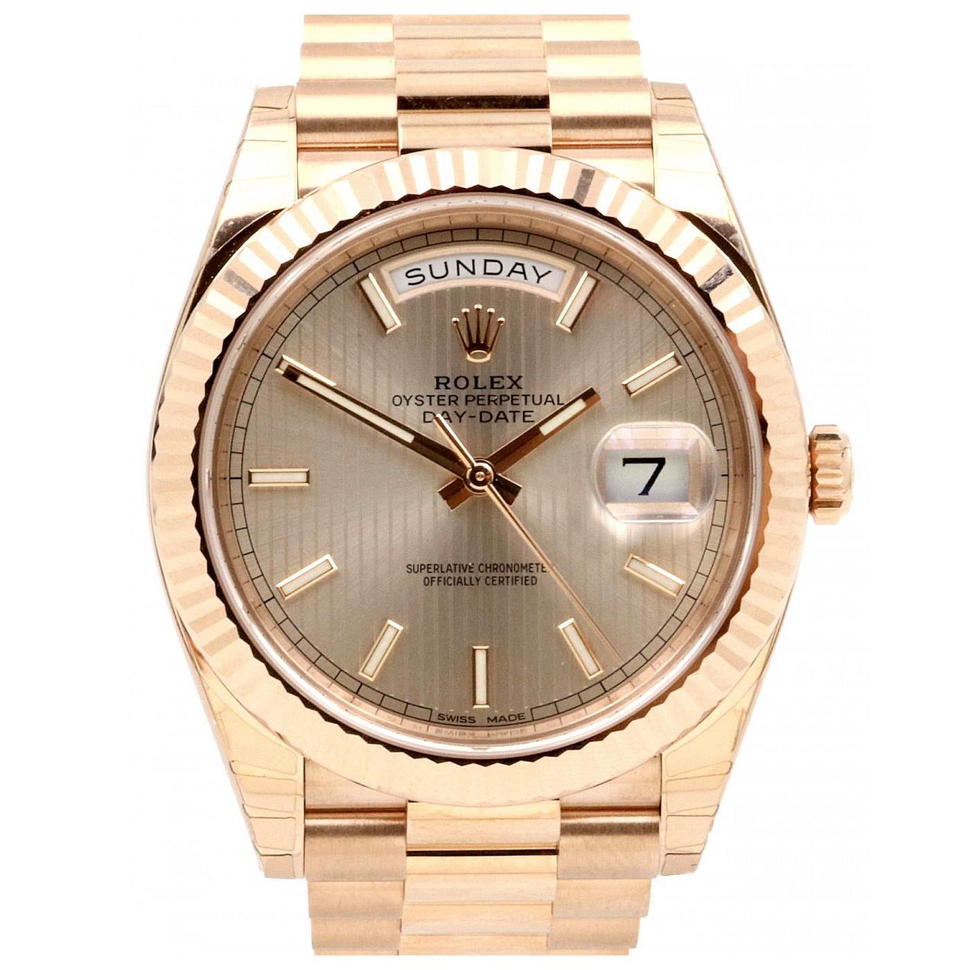 Rolex Day-Date President Sundust Stripe Motif Stick Dial Rose Gold Watch 228235