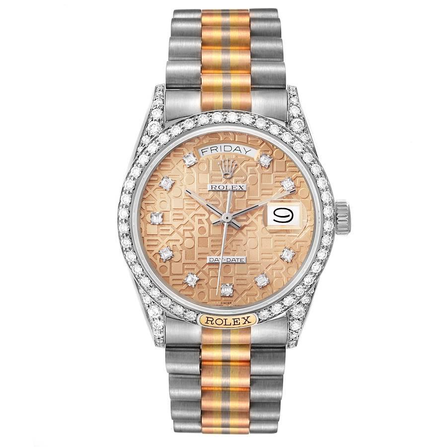 Rolex Day-Date President Tridor White Rose Yellow Gold Diamond Mens Watch 18139. Officially certified chronometer automatic self-winding movement. 18k white gold oyster case 36.0 mm in diameter. Lugs set with original Rolex factory diamonds. Rolex