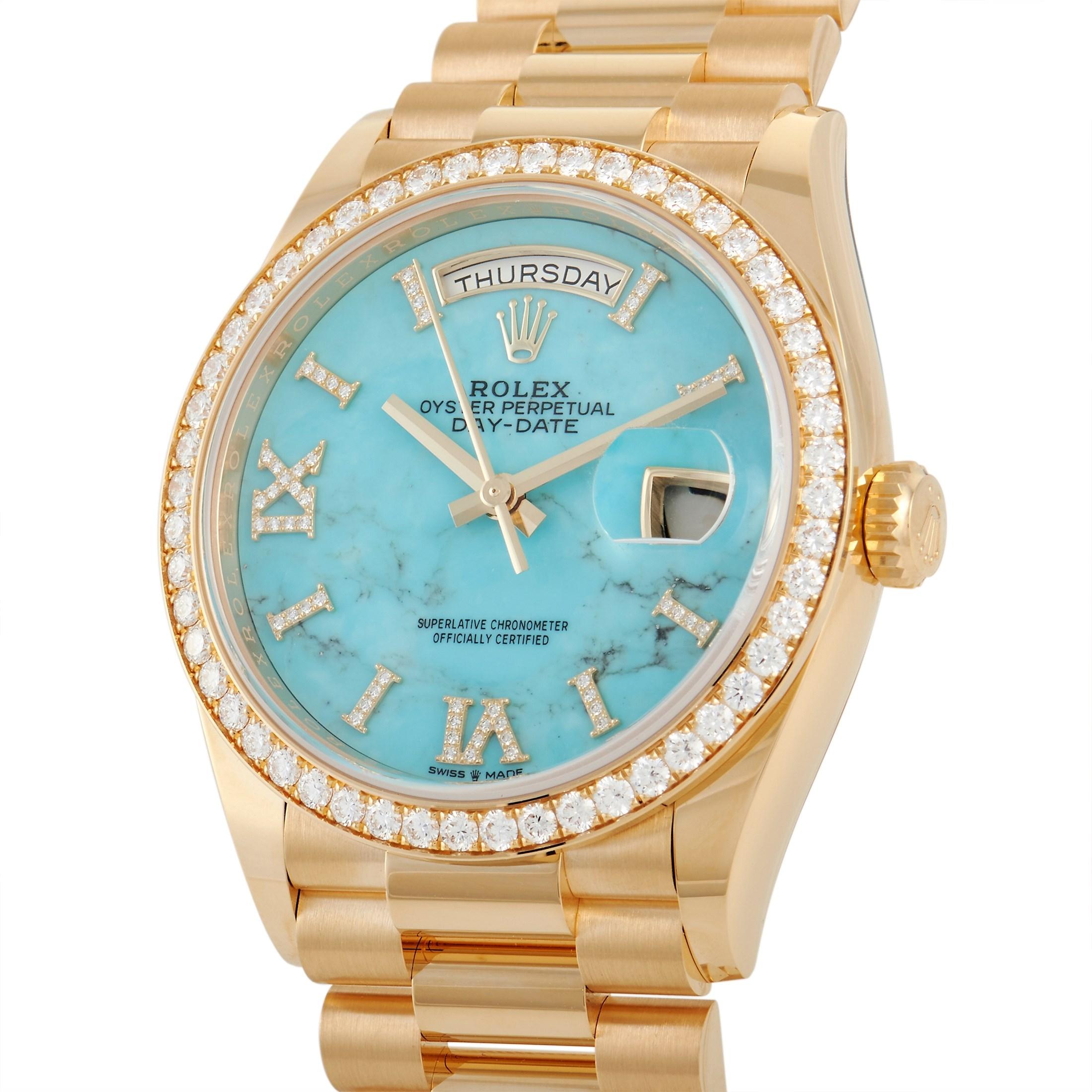 This Rolex Day-Date President Turquoise Dial Diamond Bezel Watch, reference number 118238, features an 18K yellow gold case measuring 36mm in diameter. The case has a diamond-set bezel and is presented on a matching yellow gold bracelet with a