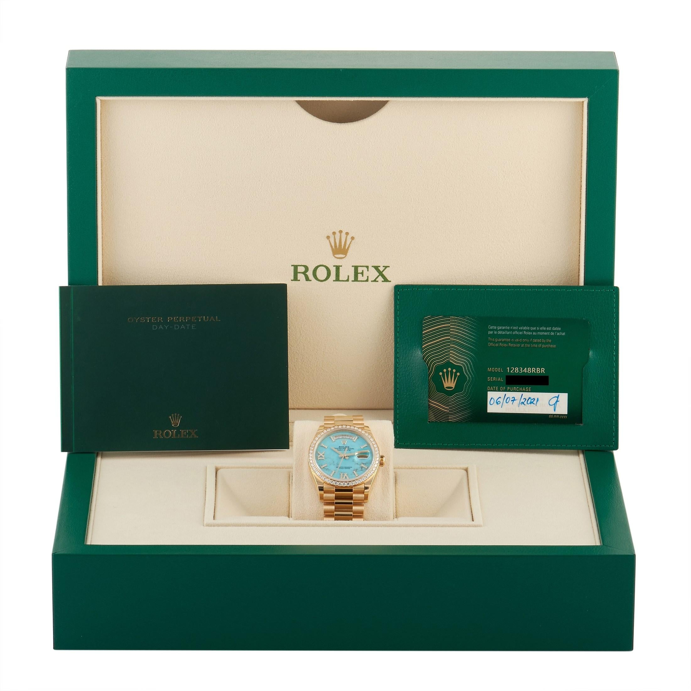 Rolex Day-Date President Turquoise Dial Diamond Bezel Watch 118238 In New Condition In Southampton, PA