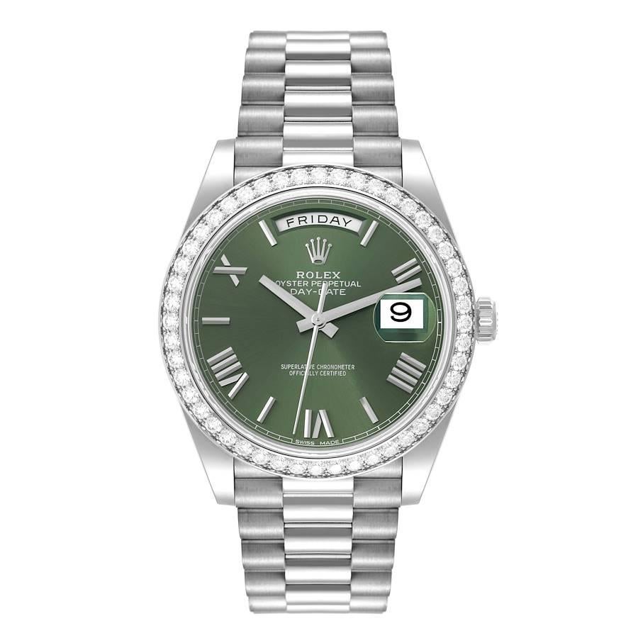Rolex Day-Date President White Gold Green Diamond Mens Watch 228349 Box Card. Officially certified chronometer self-winding movement. 18K white gold case 40 mm in diameter. High polished lugs. Rolex logo on a crown. 18K white gold original Rolex