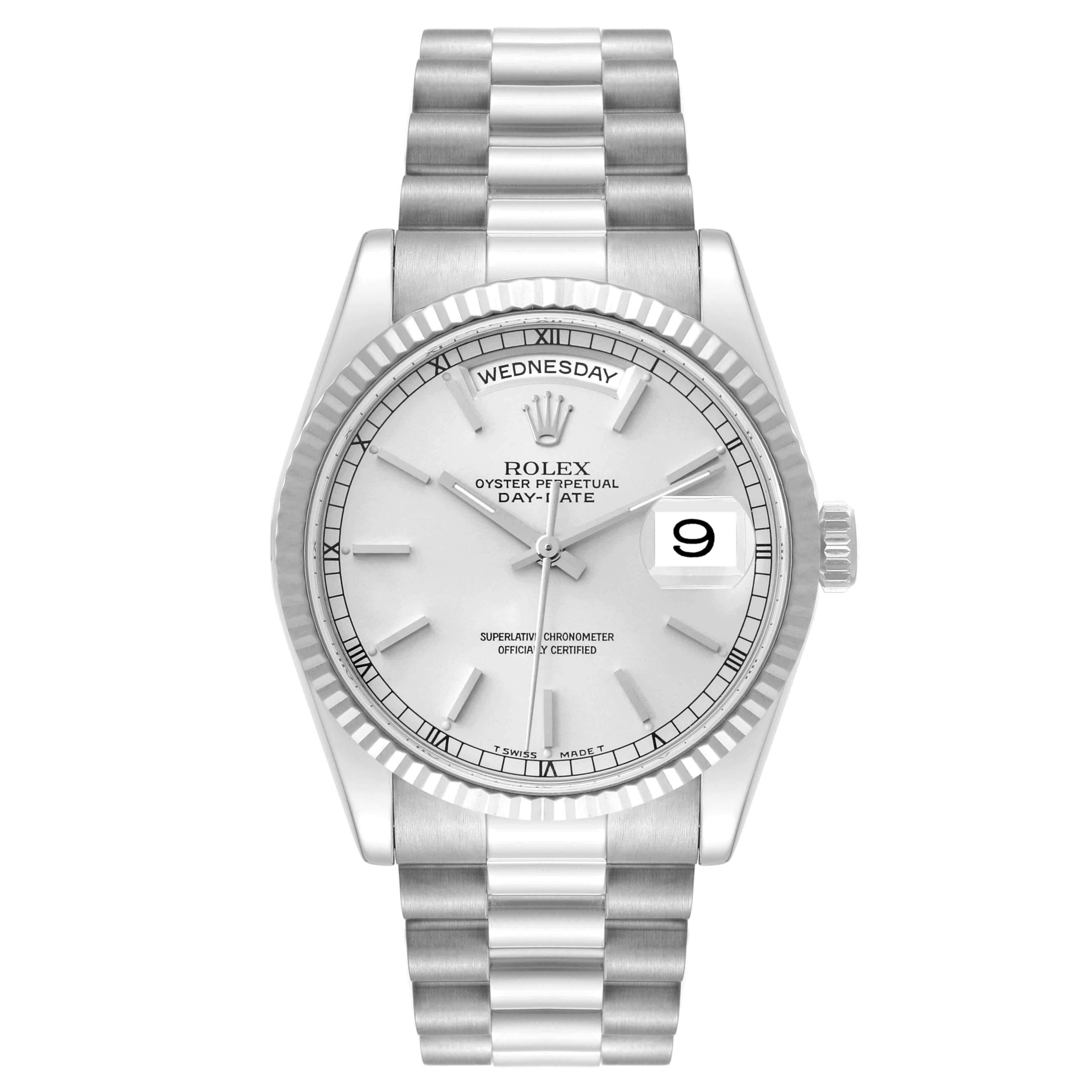 Rolex Day Date President White Gold Silver Dial Mens Watch 118239. Officially certified chronometer self-winding movement. 18k white gold oyster case 36.0 mm in diameter. Rolex logo on a crown. 18k white gold fluted bezel. Scratch resistant sapphire