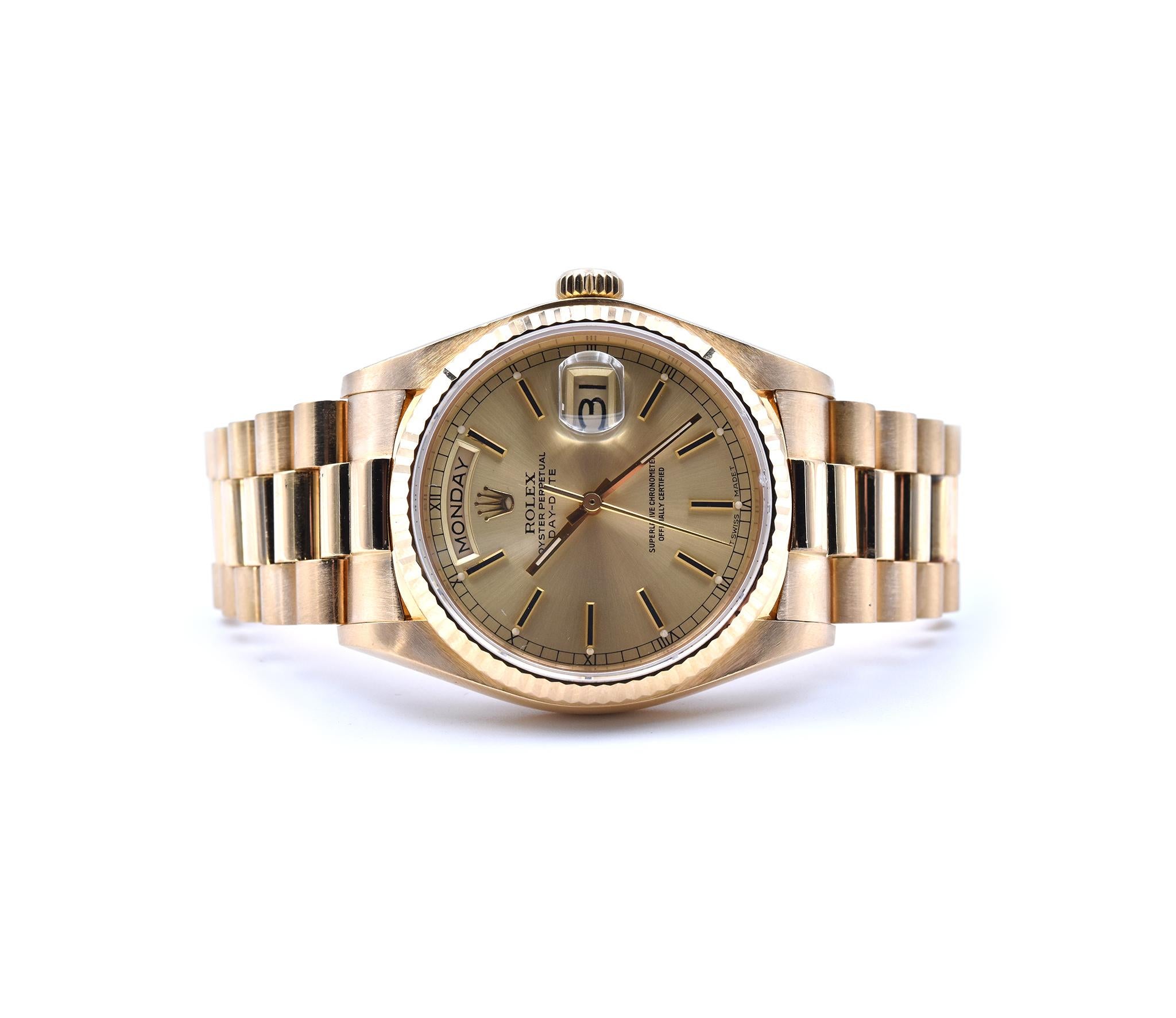 Rolex Day-Date President with Fluted Bezel 18 Karat Yellow Gold Watch Ref. 18038 In Excellent Condition In Scottsdale, AZ