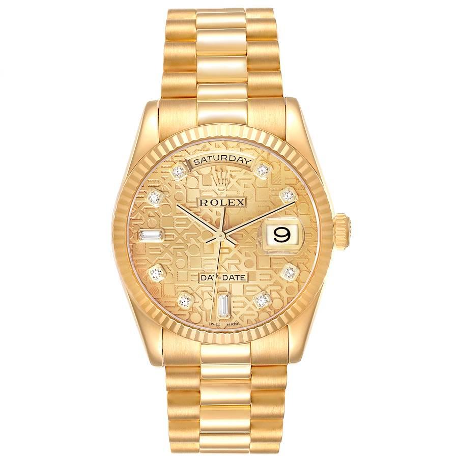 Rolex Day-Date President Yellow Gold Anniversary Diamond Dial Mens Watch 118238. Officially certified chronometer automatic self-winding movement. Double quick set function. 18k yellow gold oyster case 36.0 mm in diameter. Rolex logo on the crown.