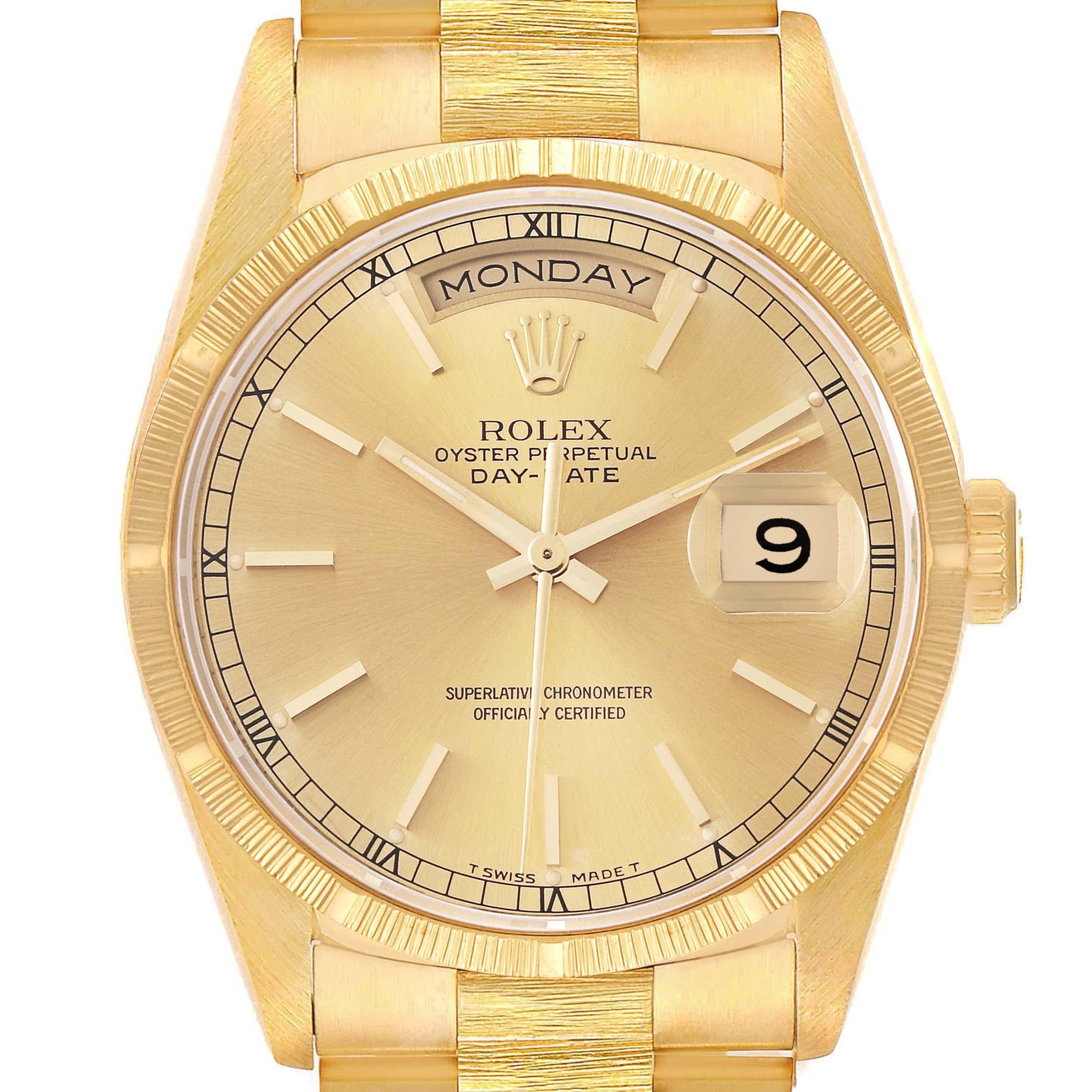 Rolex Day-Date President Yellow Gold Bark Finish Mens Watch 18248. Officially certified chronometer autmomatic self-winding movement. 18k yellow gold oyster case 36 mm in diameter. Rolex logo on a crown. 18k yellow gold bark finish bezel. Scratch
