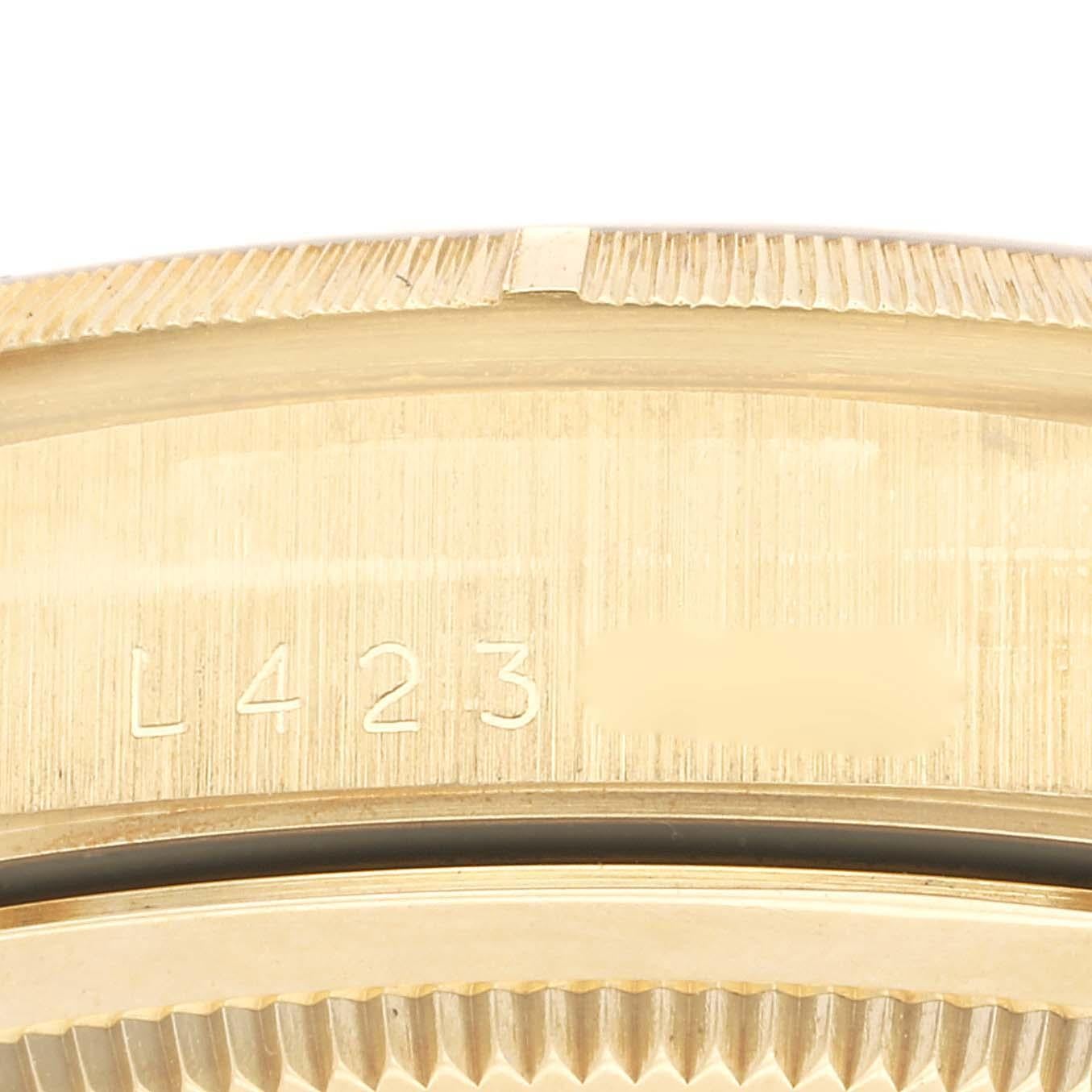 Rolex Day-Date President Yellow Gold Bark Finish Mens Watch 18248. Officially certified chronometer autmomatic self-winding movement. 18k yellow gold oyster case 36 mm in diameter. Rolex logo on a crown. 18k yellow gold bark finish bezel. Scratch