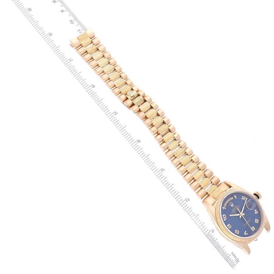 Rolex Day-Date President Gelbgold Blaues Zifferblatt Bark Finish Herrenuhr 18078 im Angebot 7