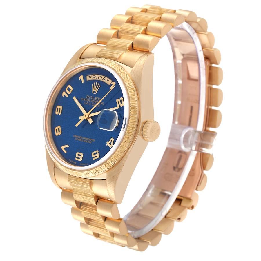 Rolex Day-Date President Gelbgold Blaues Zifferblatt Bark Finish Herrenuhr 18078 im Angebot 1