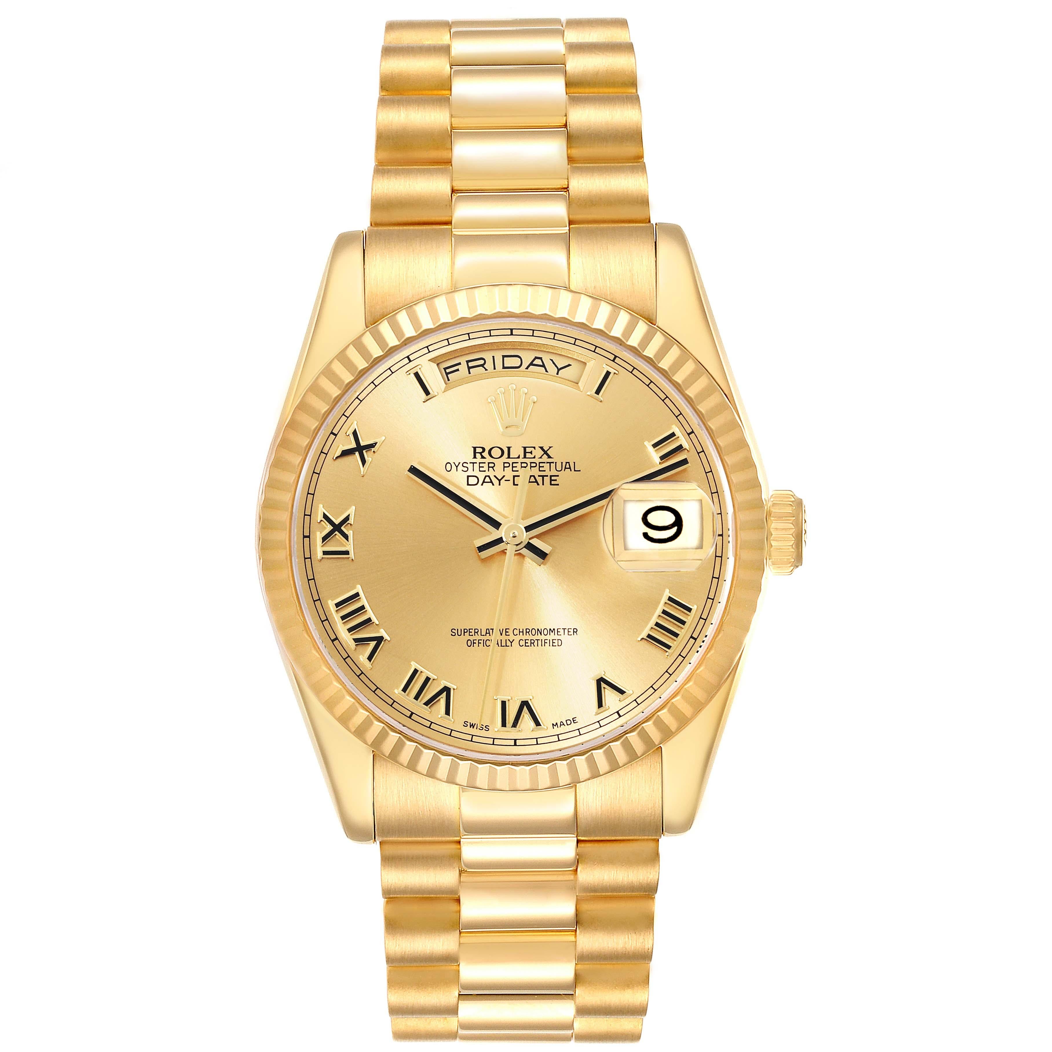 Rolex Day Date President Yellow Gold Champagne Dial Mens Watch 118238. Officially certified chronometer automatic self-winding movement. Double quick set function. 18k yellow gold oyster case 36.0 mm in diameter. Rolex logo on the crown. 18K yellow