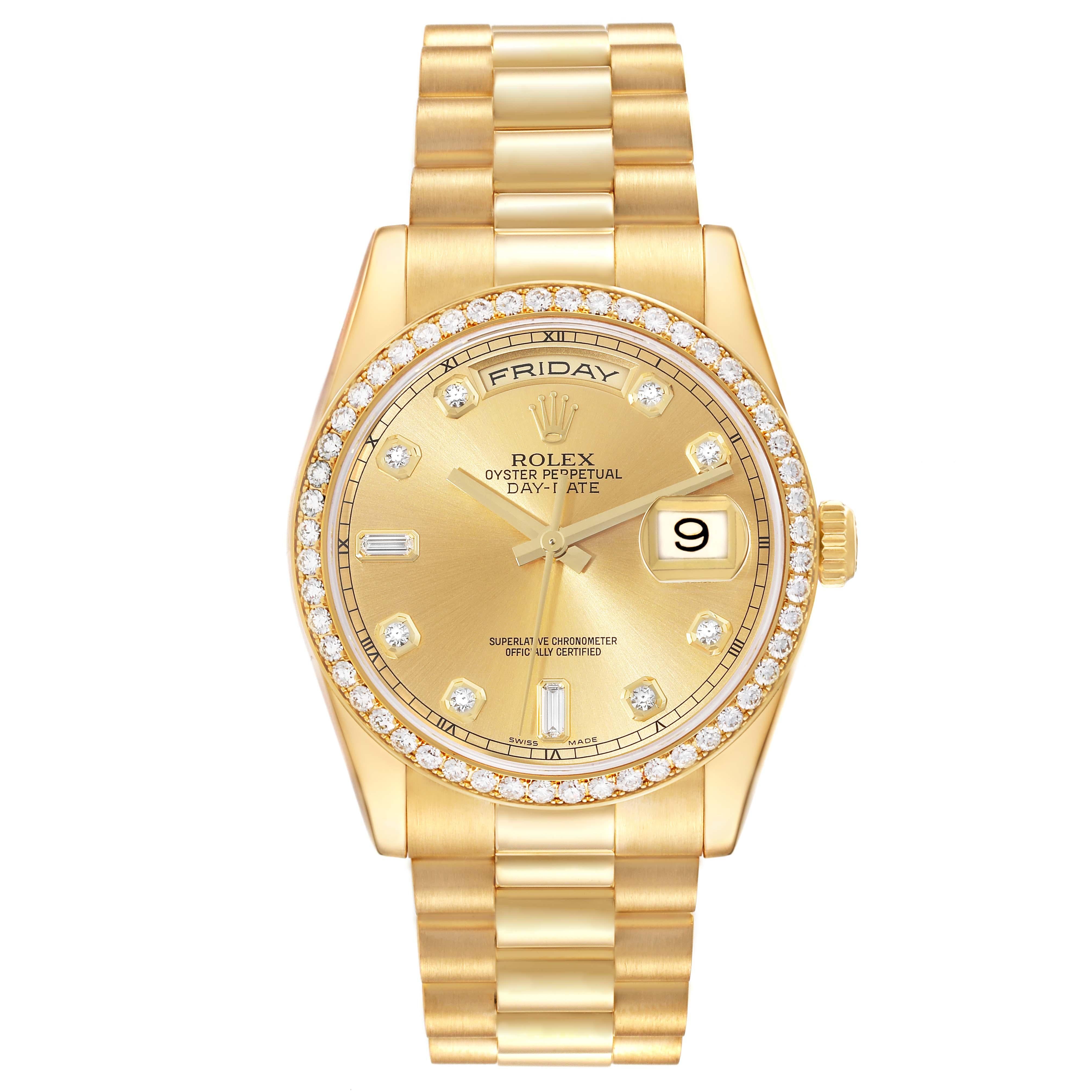 Rolex Day Date President Yellow Gold Diamond Bezel Mens Watch 118348 Box Card. Officially certified chronometer automatic self-winding movement. 18k yellow gold oyster case 36 mm in diameter. Rolex logo on the crown. 18K yellow gold bezel set with