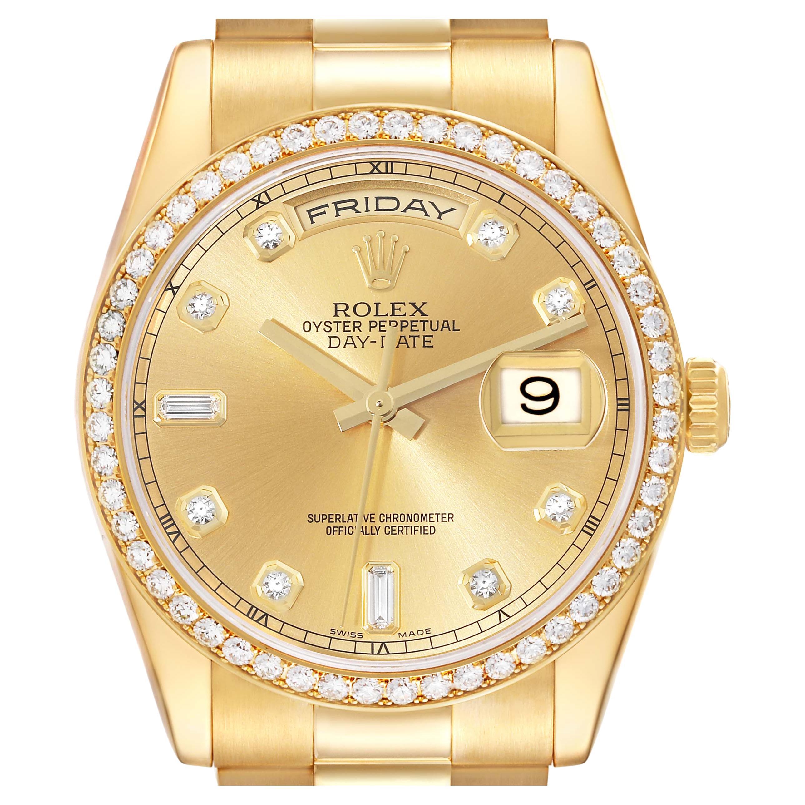 Rolex Day Date President Yellow Gold Diamond Bezel Mens Watch 118348 Box Card For Sale