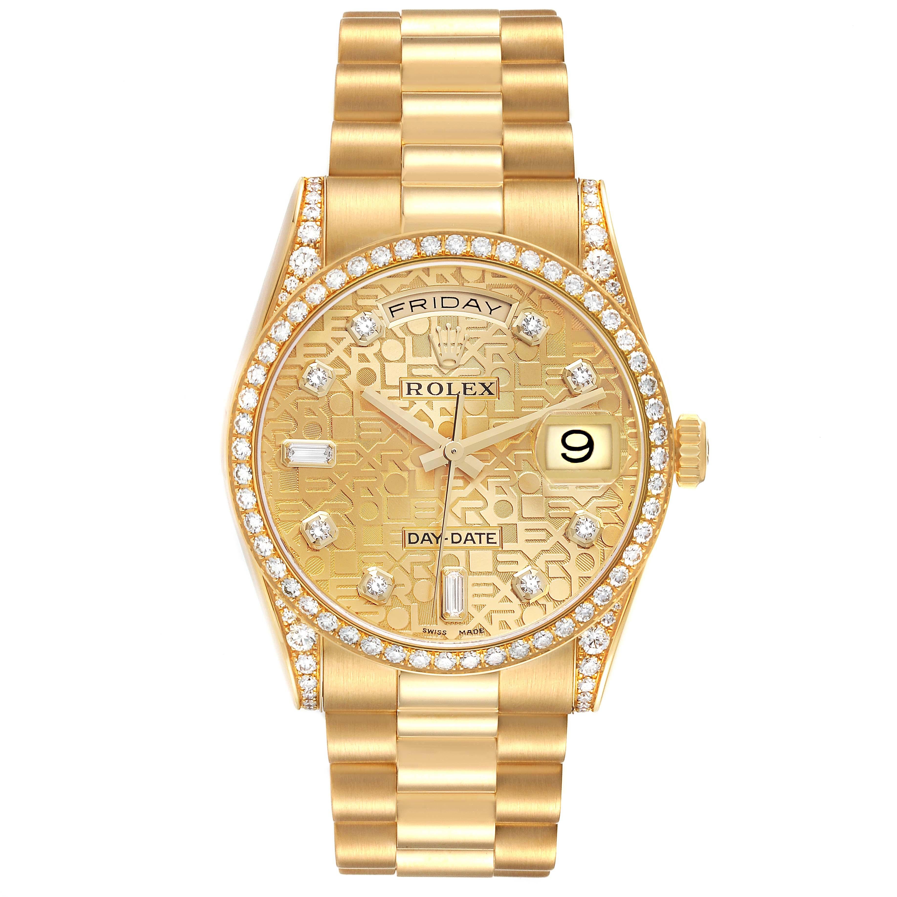 Rolex Day-Date President Yellow Gold Diamond Bezel Mens Watch 118388 Box Papers. Mouvement à remontage automatique certifié officiellement chronomètre. Double fonction de réglage rapide. Boîtier en or jaune 18 carats d'un diamètre de 36,0 mm. Logo