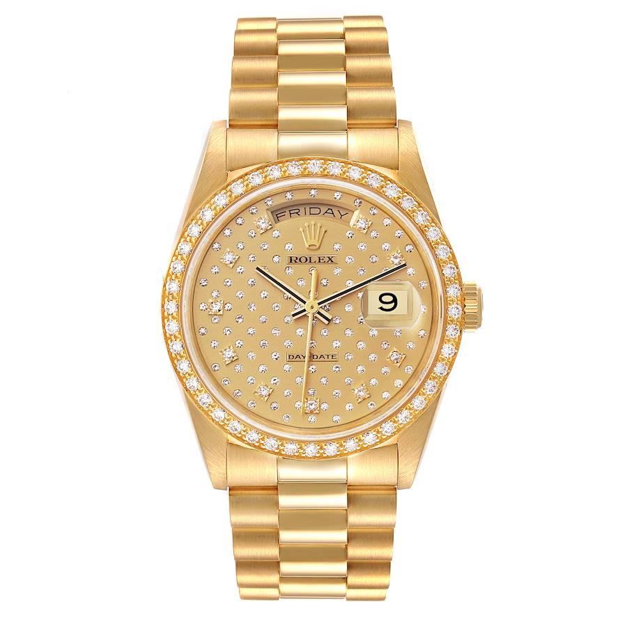 Rolex Day-Date President Yellow Gold Pleiades Diamond Dial Mens Watch 18348. Officially certified chronometer automatic self-winding movement. 18k yellow gold oyster case 36 mm in diameter. Rolex logo on the crown. Original Rolex factory diamond