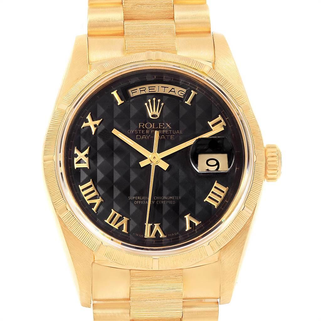 Rolex Day-Date President Yellow Gold Pyramid Dial Mens Watch 18248. Officially certified chronometer automatic self-winding movement. 18k yellow gold oyster case 36 mm in diameter. Rolex logo on a crown. 18k yellow gold bark finish bezel. Scratch