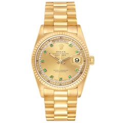 Rolex Day-Date President Yellow Gold String Diamond Emerald Mens Watch 18238