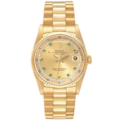 Rolex Day-Date President Yellow Gold String Diamond Emerald Mens Watch 18238