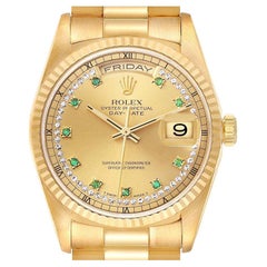 Rolex Day-Date President Yellow Gold String Diamond Emerald Mens Watch 18238