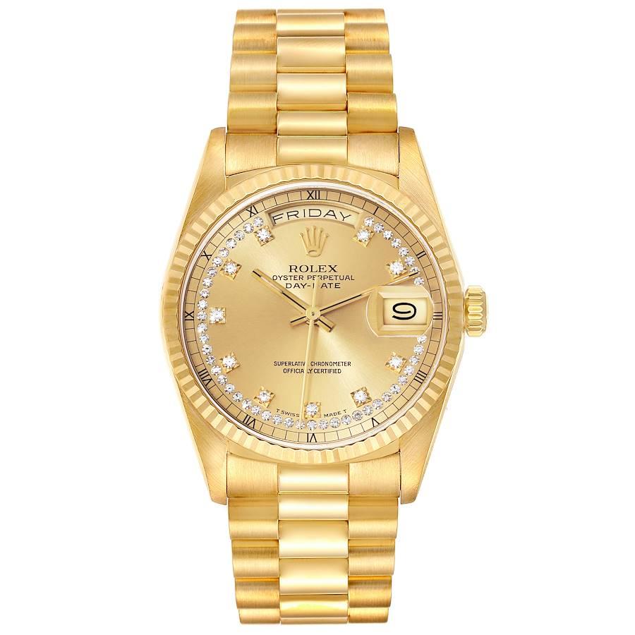 Rolex Day-Date President Yellow Gold String Diamond Mens Watch 18238. Officially certified chronometer self-winding movement. 18k yellow gold oyster case 36.0 mm in diameter. Rolex logo on the crown. 18K yellow gold fluted bezel. Scratch resistant