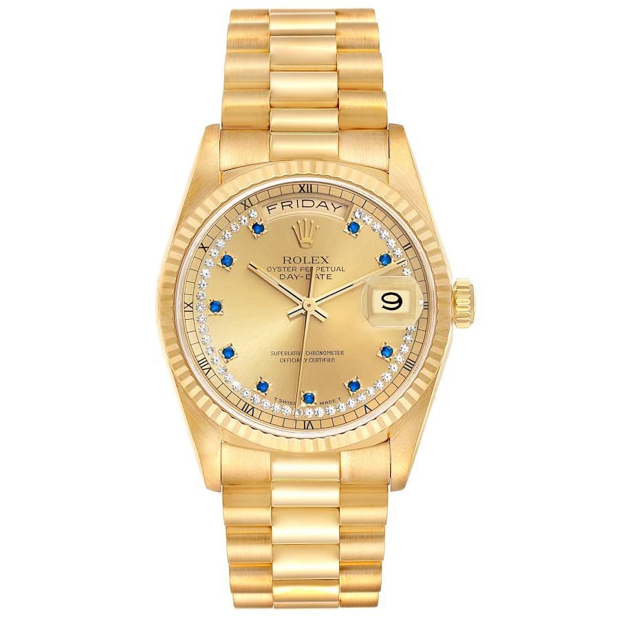 Rolex Day-Date President Yellow Gold String Diamond Sapphire Mens Watch 18238. Officially certified chronometer self-winding movement. 18k yellow gold oyster case 36.0 mm in diameter. Rolex logo on the crown. 18K yellow gold fluted bezel. Scratch