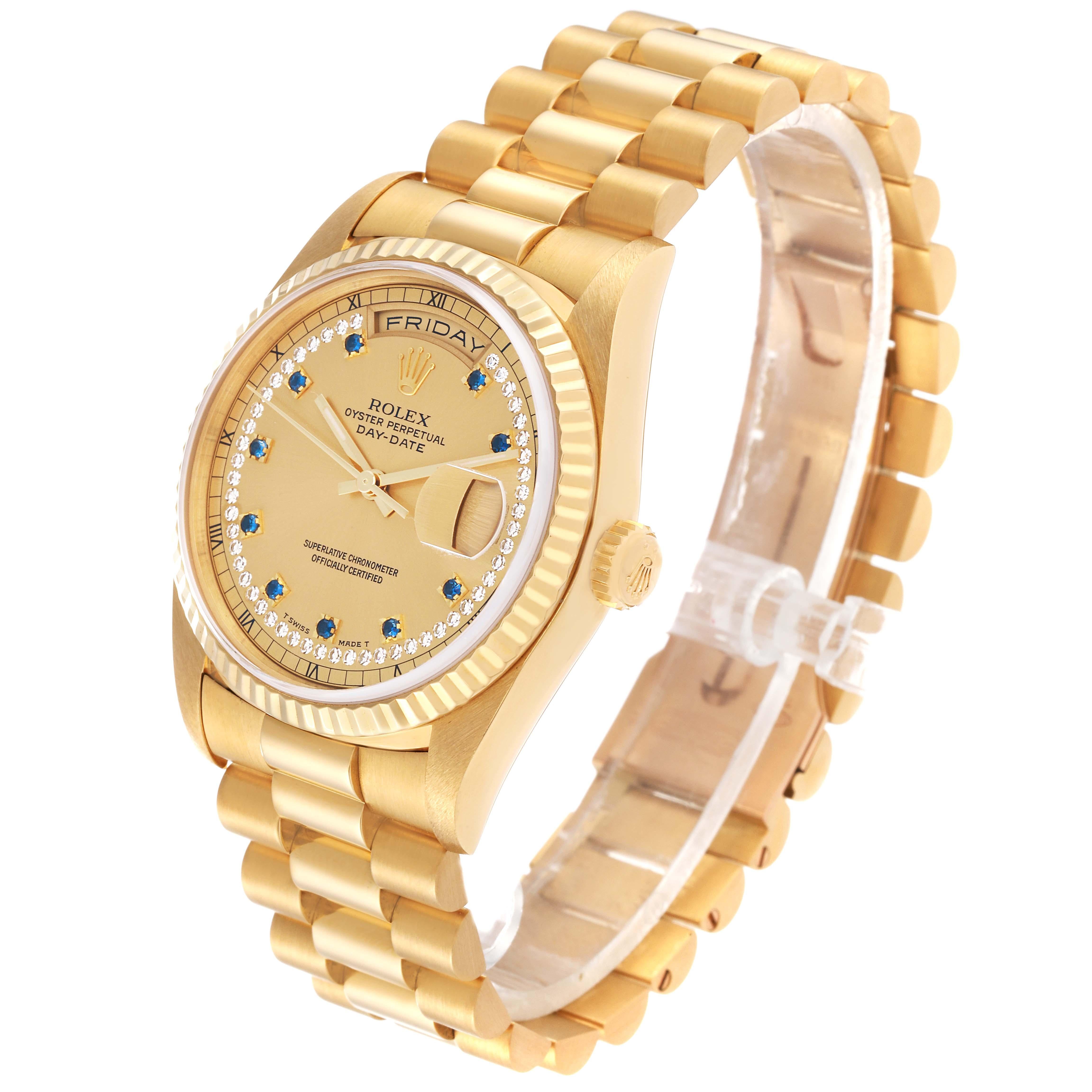 Rolex Day-Date President Yellow Gold String Diamond Sapphire Mens Watch 18238. Officially certified chronometer automatic self-winding movement. 18k yellow gold oyster case 36.0 mm in diameter. Rolex logo on the crown. 18k yellow gold fluted bezel.