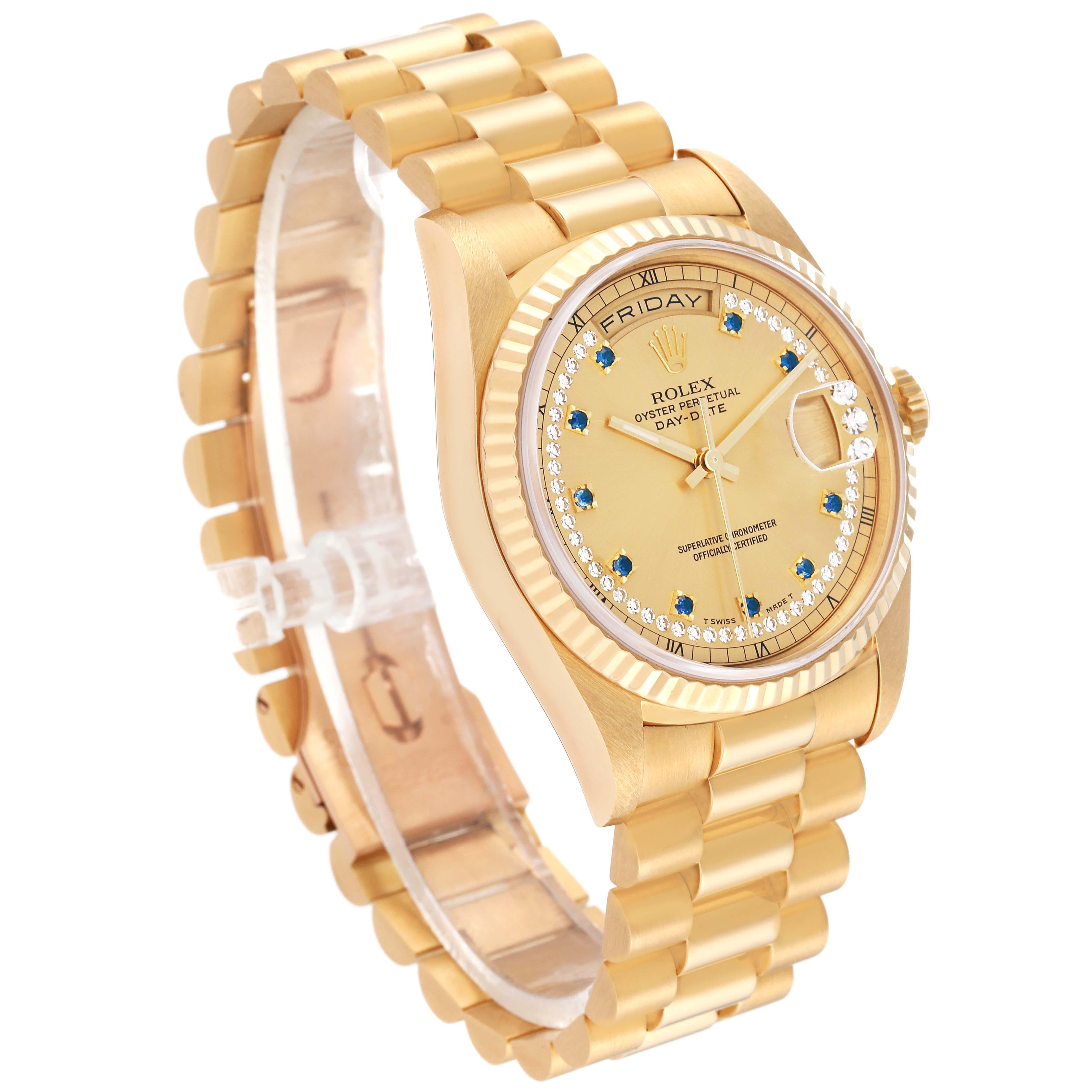 Rolex Day-Date President Yellow Gold String Diamond Sapphire Mens Watch 18238 In Excellent Condition For Sale In Atlanta, GA