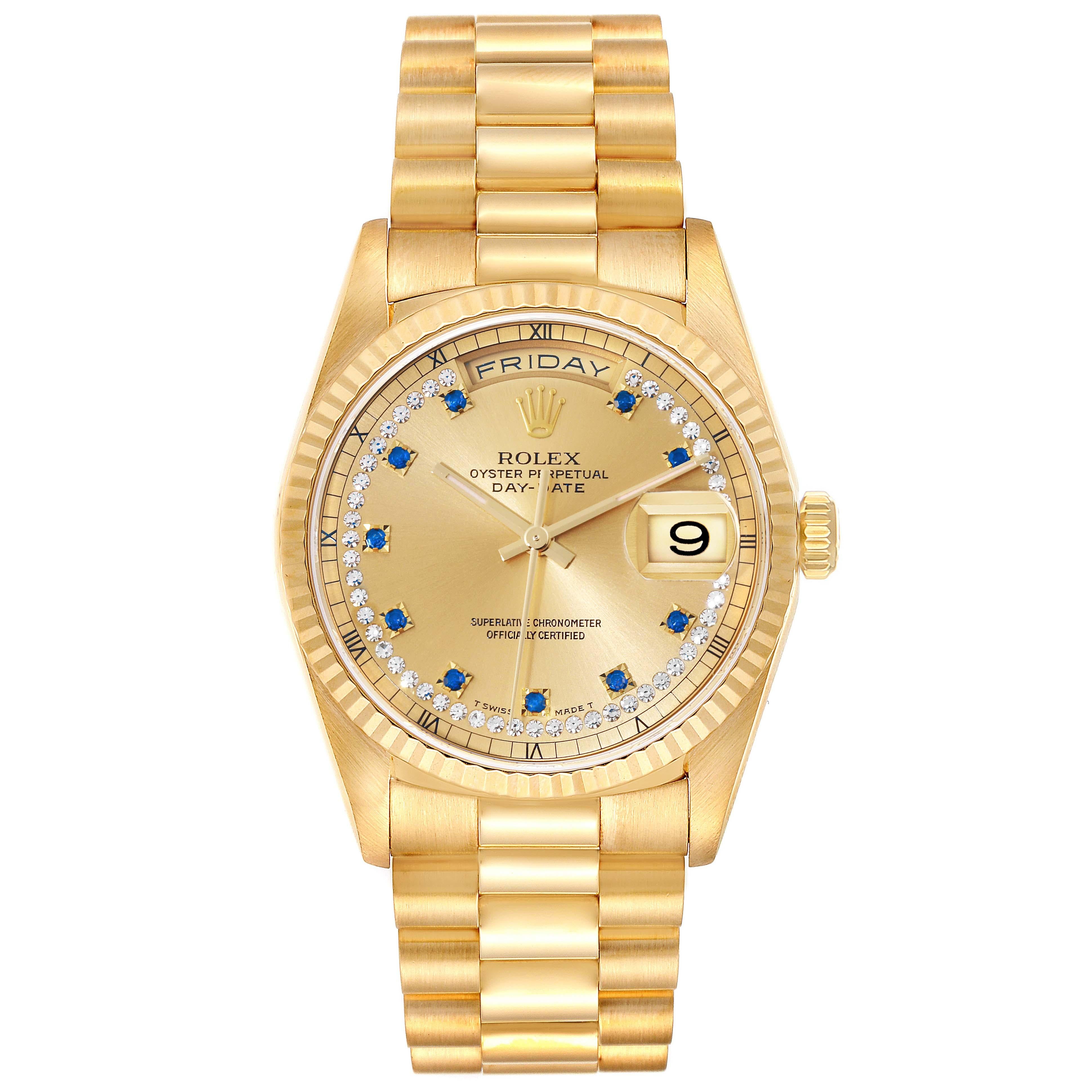 Rolex Day-Date President Yellow Gold String Diamond Sapphire Mens Watch 18238 For Sale 1