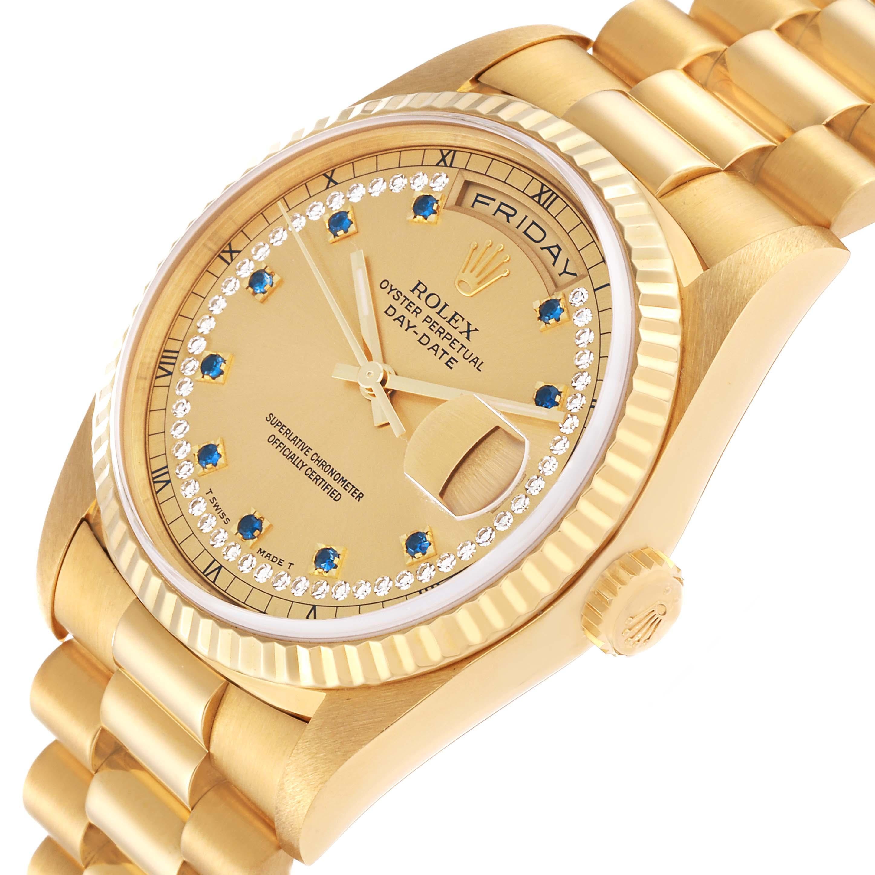 Rolex Day-Date President Yellow Gold String Diamond Sapphire Mens Watch 18238 For Sale 2