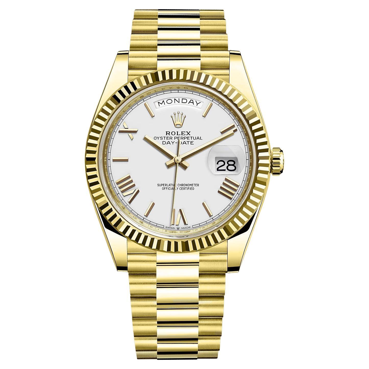 Rolex DayDate President Yellow Gold White Dial Fluted Bezel Watch