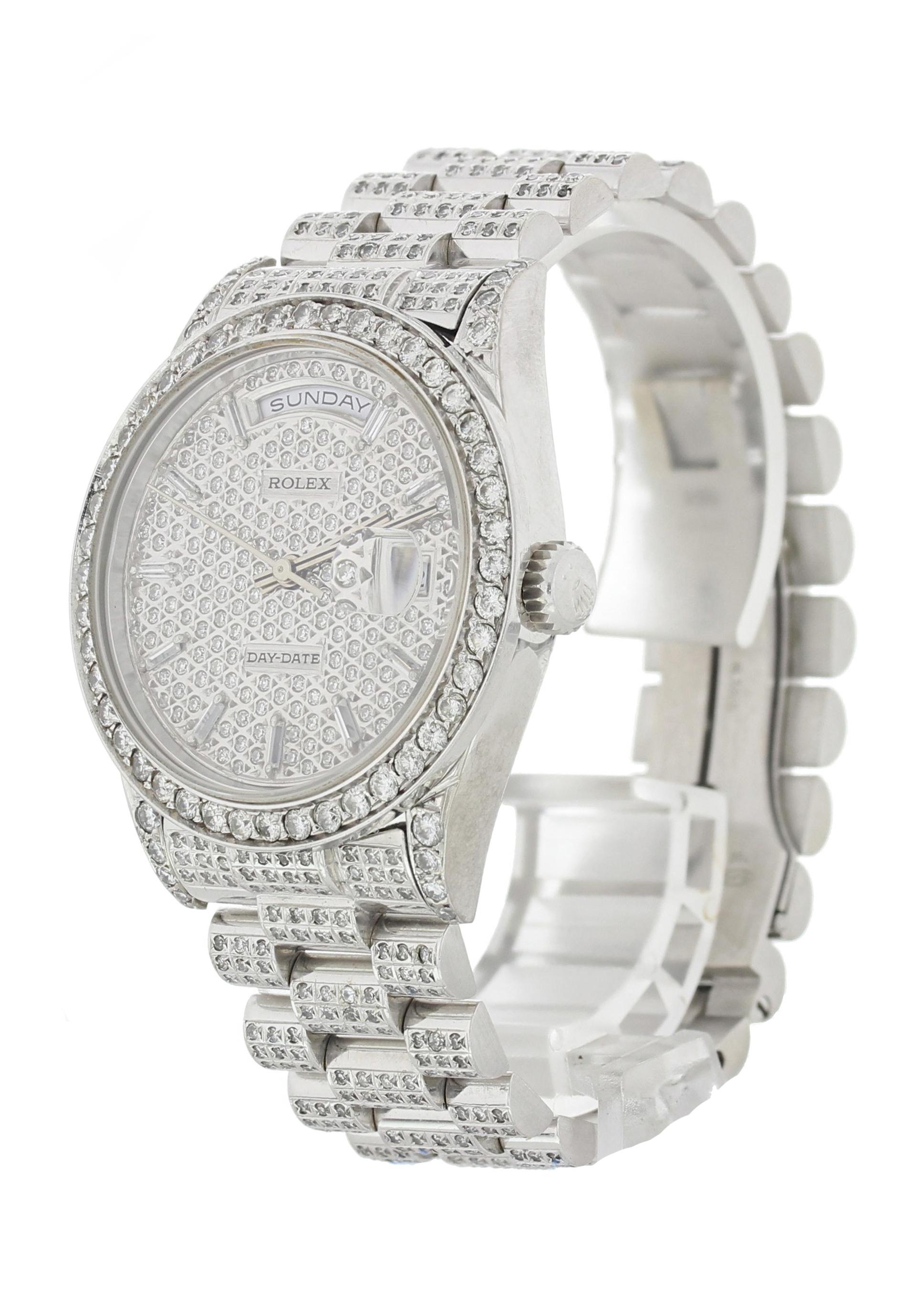 Rolex Day-Date Presidential 18239 18k White Gold Diamond Men's Watch. 18k White Gold 36mm case with custom placed diamonds. 18k White gold fluted bezel with custom placed diamonds. Custom white gold diamond dial with diamond hour indexes. Day date