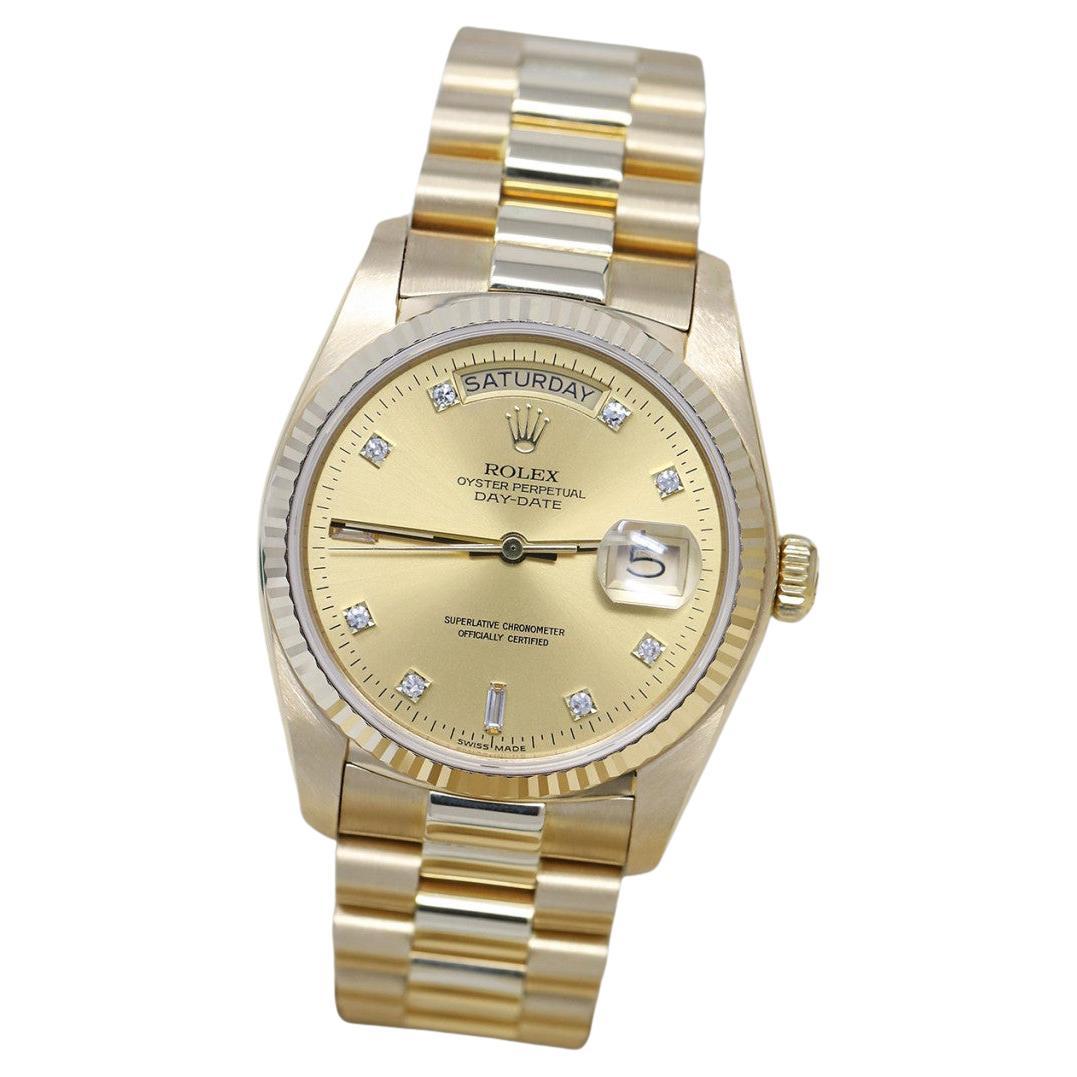 Rolex Montre présidentielle Day-Date avec cadran champagne en or jaune et diamants, fabrication en vente