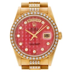 Rolex Day-Date Pyramid Coral Diamond Dial, Diamond Bezel, Diamond Bracelet Watch