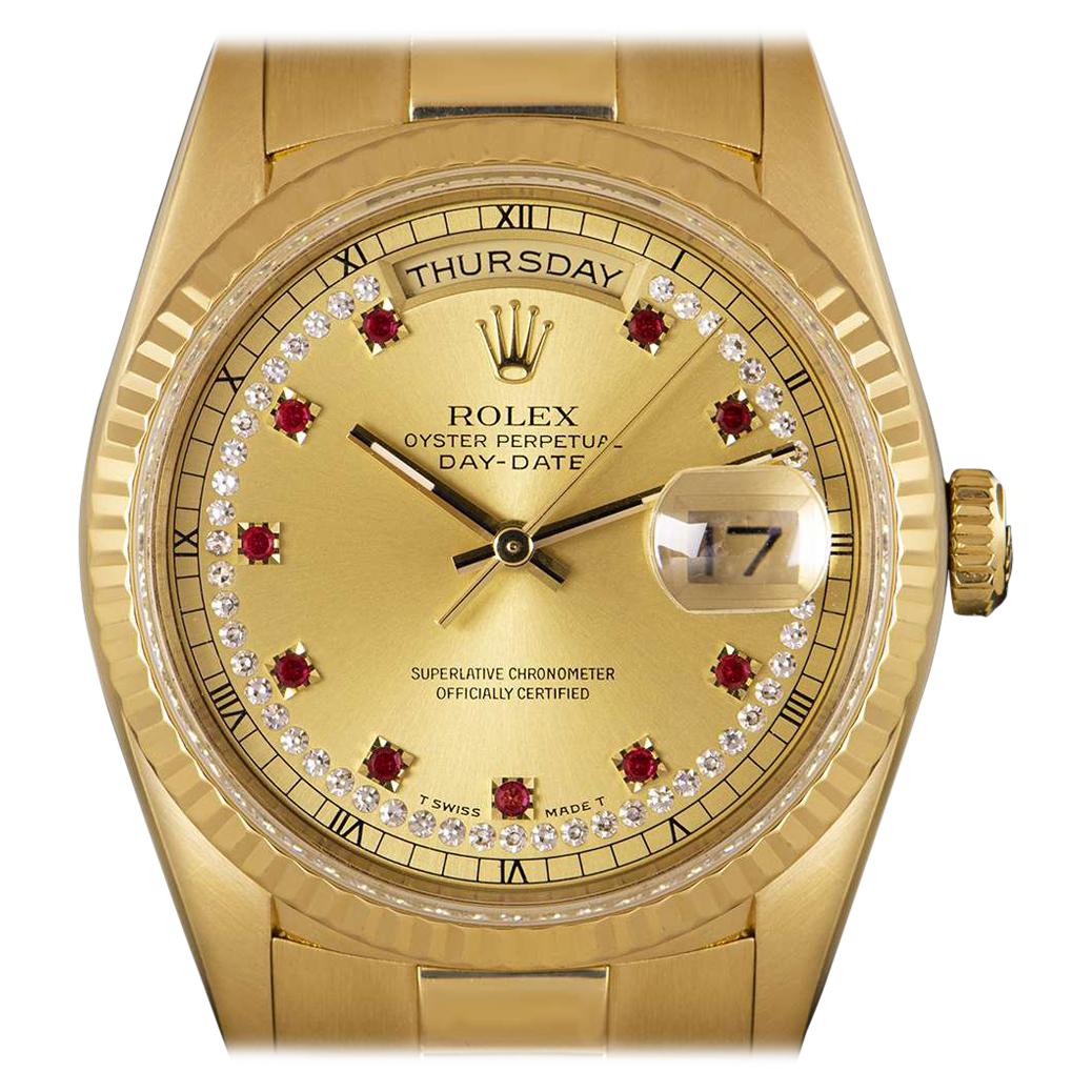 Rolex Day-Date Rare Yellow Gold Diamond & Ruby String Dial 18238 Automatic Watch