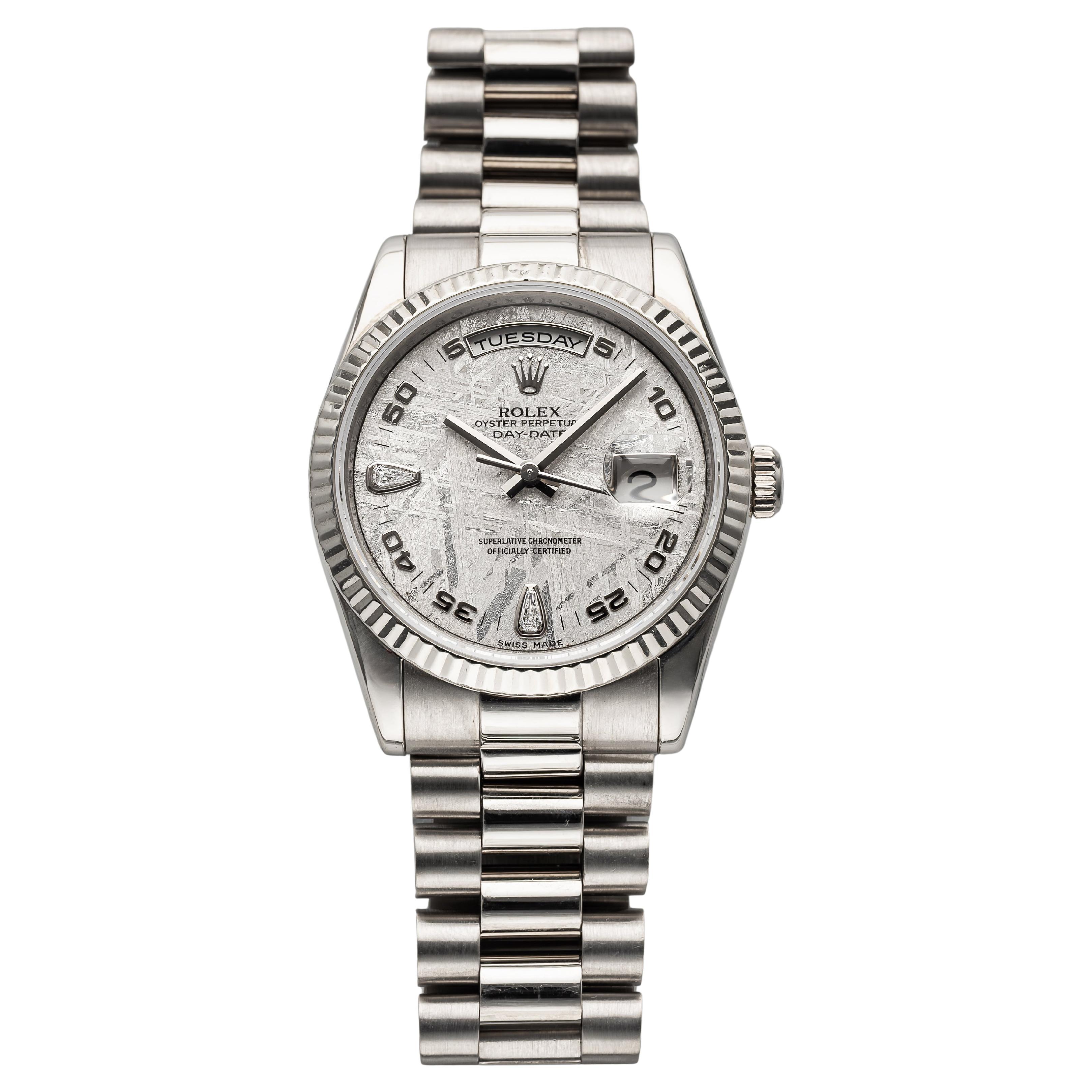 Rolex Day Date Ref 118239 2000s Meteorite Diamond Dial 18K White Gold 36mm Card For Sale