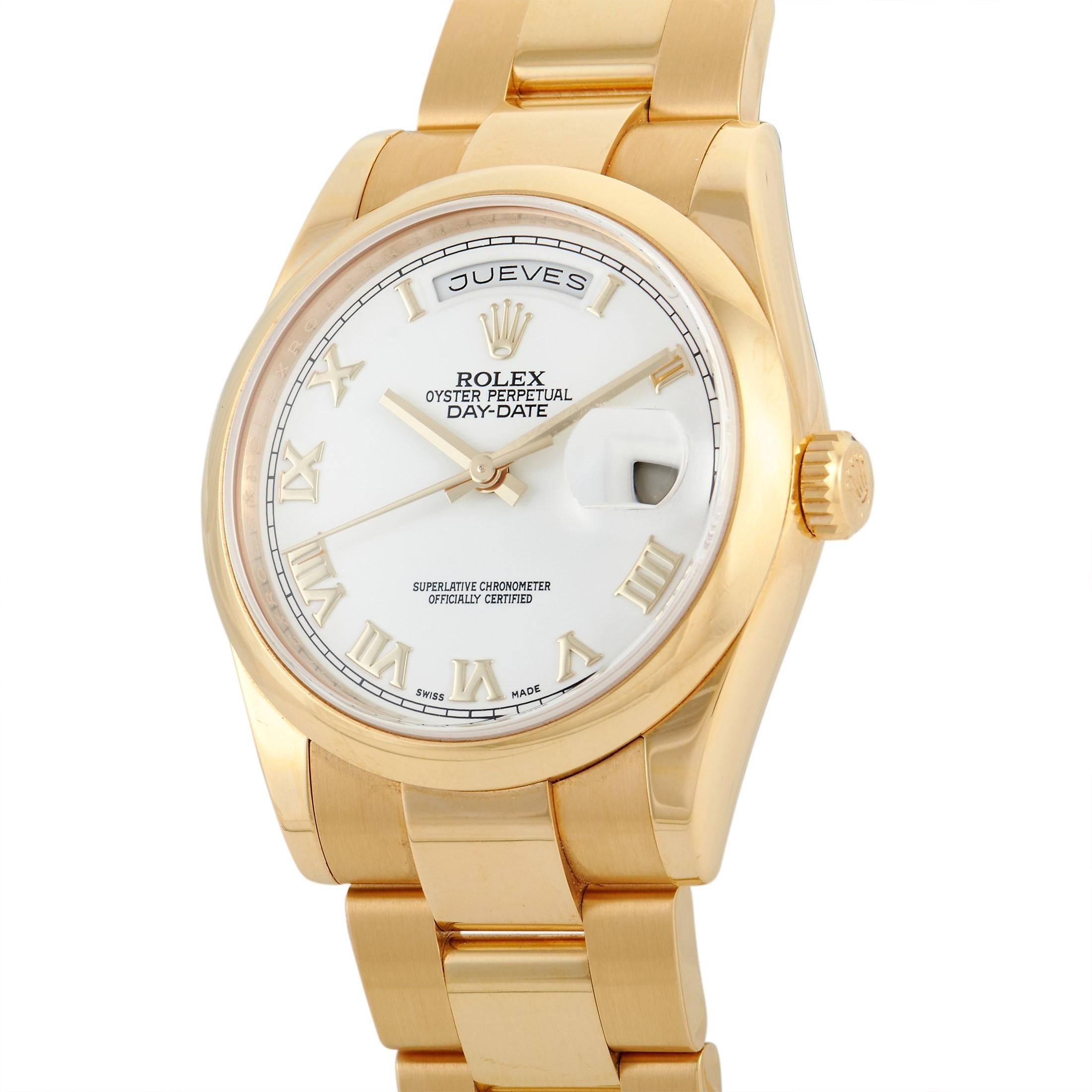 The Rolex Day-Date Spanish Watch, reference number 118208, features a day dial in the Spanish language. 

This impeccable timepiece features a 36mm case, bracelet, and smooth bezel made from 18K Yellow Gold. On the white dial, you’ll find gold-toned
