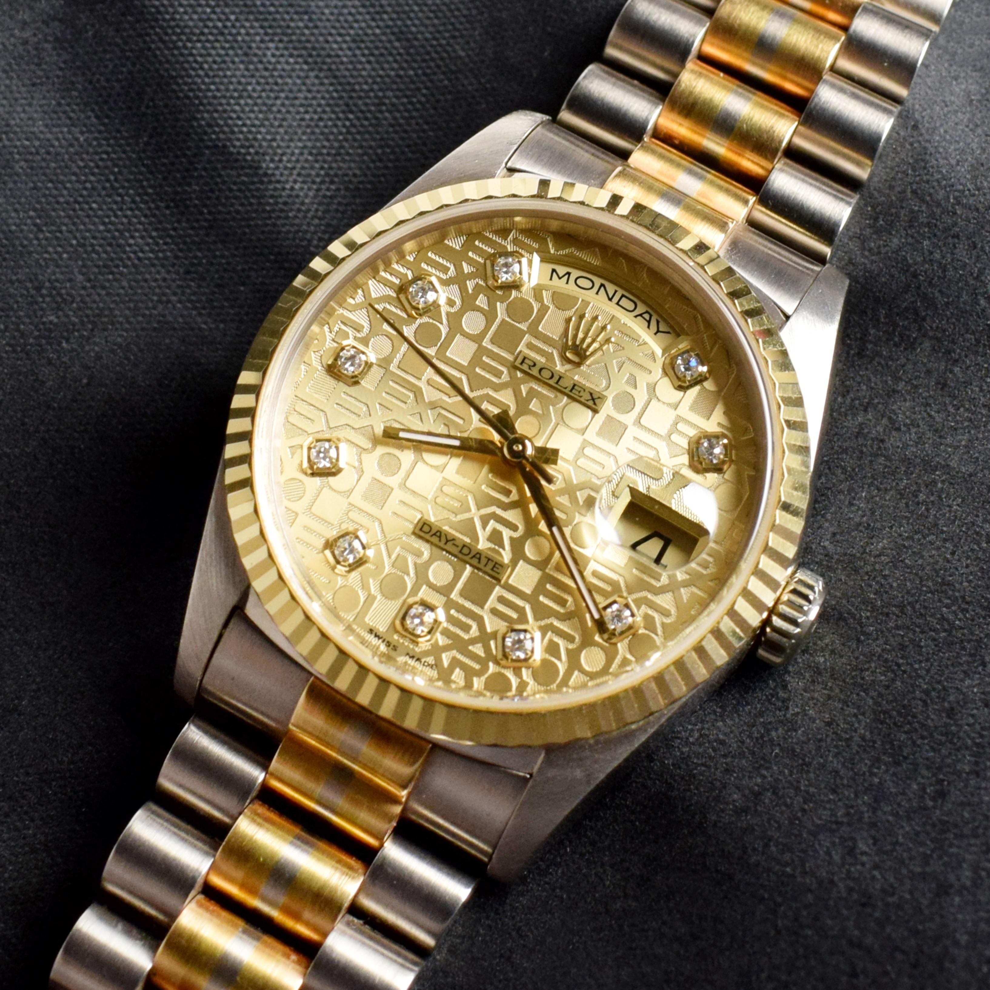 Rolex Day-Date Tridor Uhr aus 18 Karat Gold mit Diamant- Jubiläumszifferblatt 18239 und Papier, 1996 (Rundschliff)