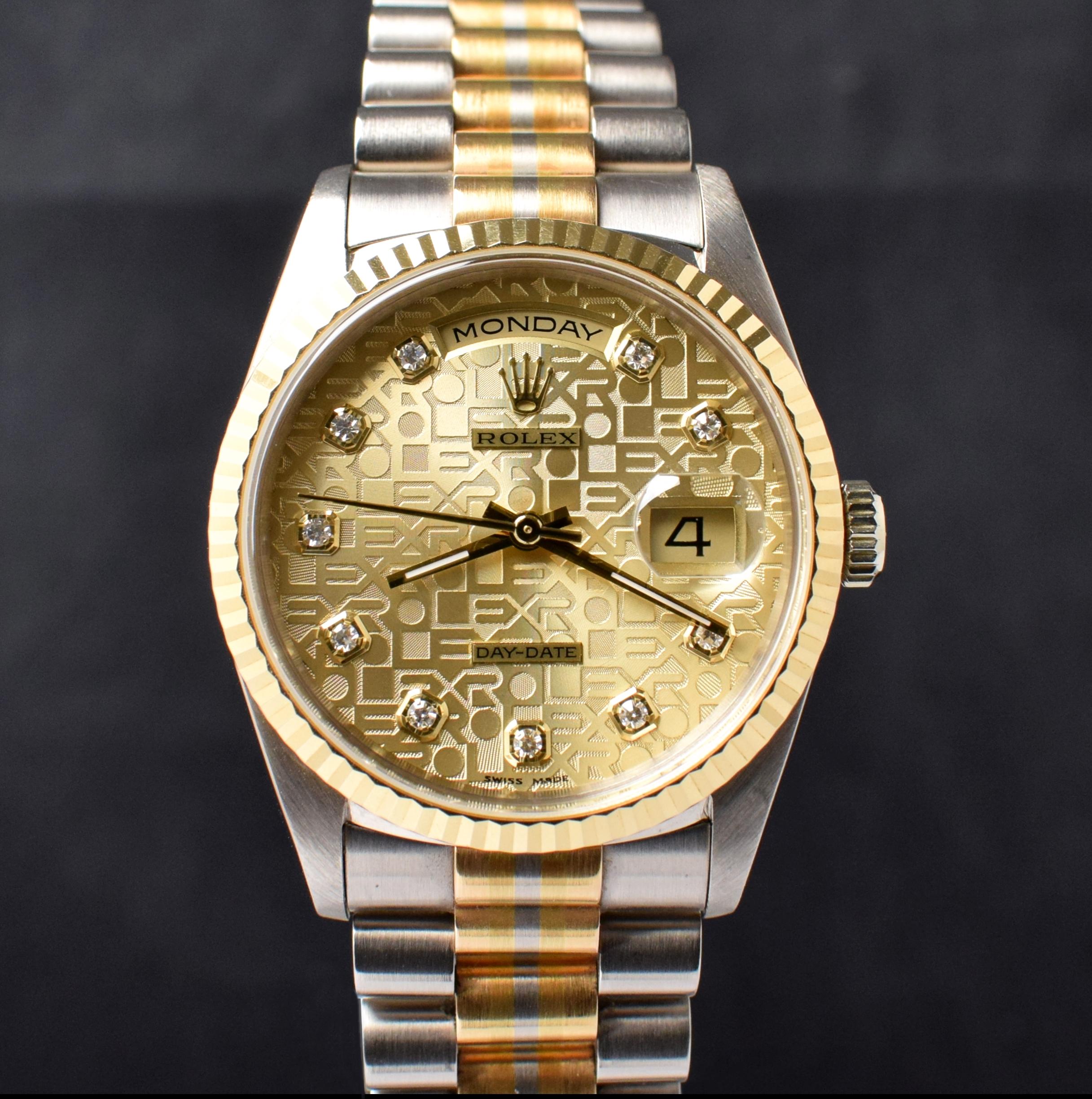 Rolex Day-Date Tridor Uhr aus 18 Karat Gold mit Diamant- Jubiläumszifferblatt 18239 und Papier, 1996 im Zustand „Gut“ in Central & Western District, HK