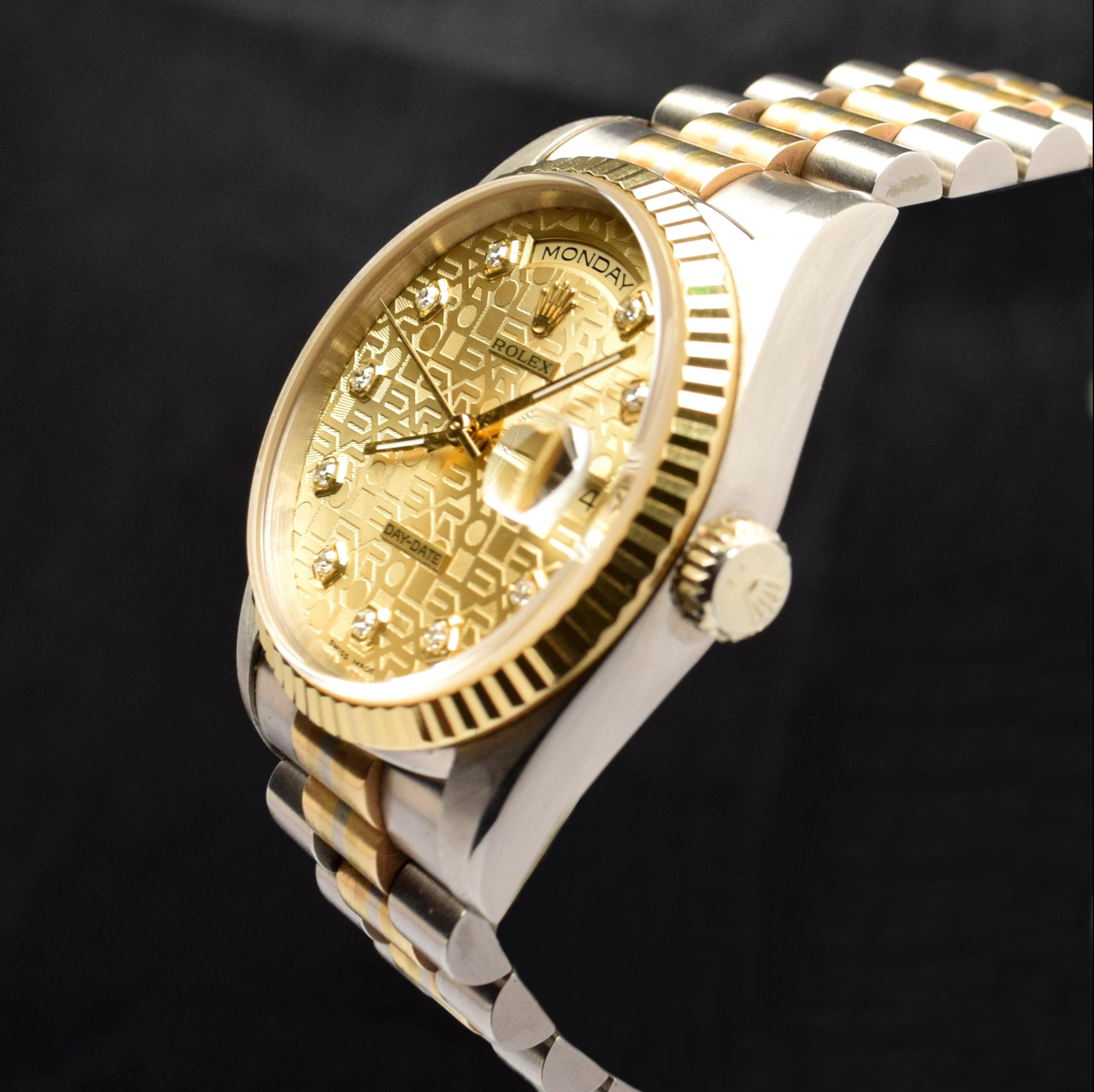 Rolex Day-Date Tridor Uhr aus 18 Karat Gold mit Diamant- Jubiläumszifferblatt 18239 und Papier, 1996 für Damen oder Herren