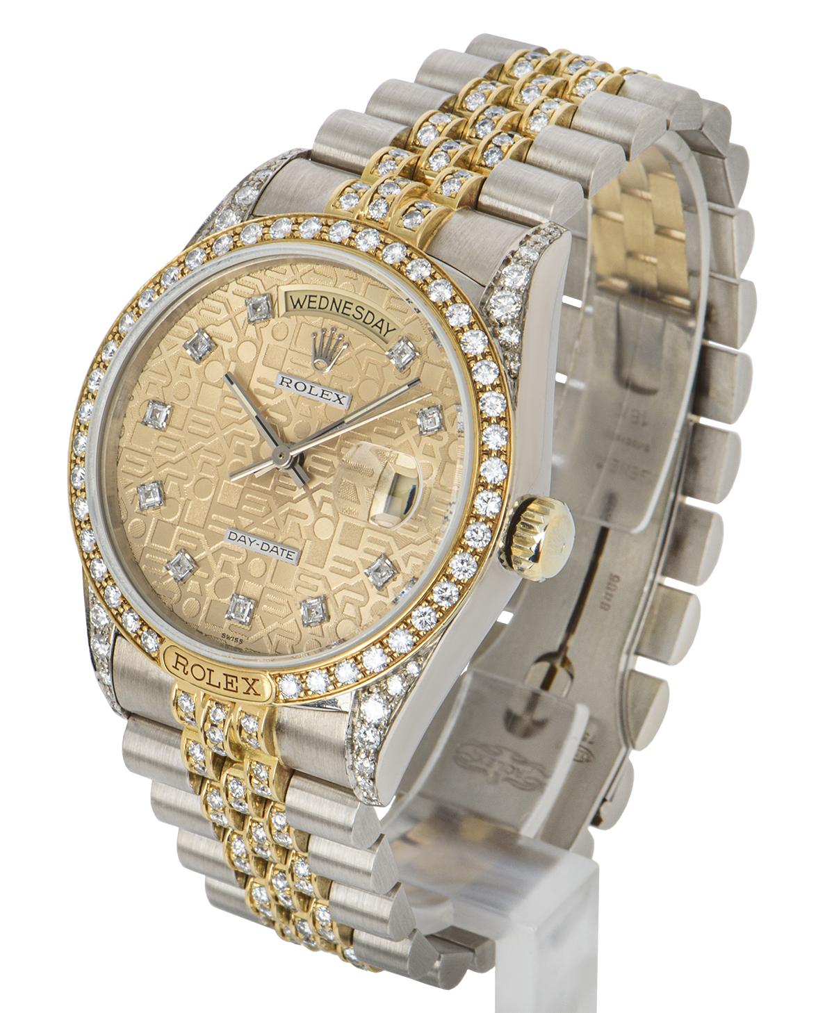 A rare 36mm tridor Day-Date by Rolex, made from white gold and yellow gold, featuring a rose Jubilee dial set with 10 round brilliant cut diamond hour markers. Set with 40 round brilliant cut diamonds is the bezel with the case and lugs set with a