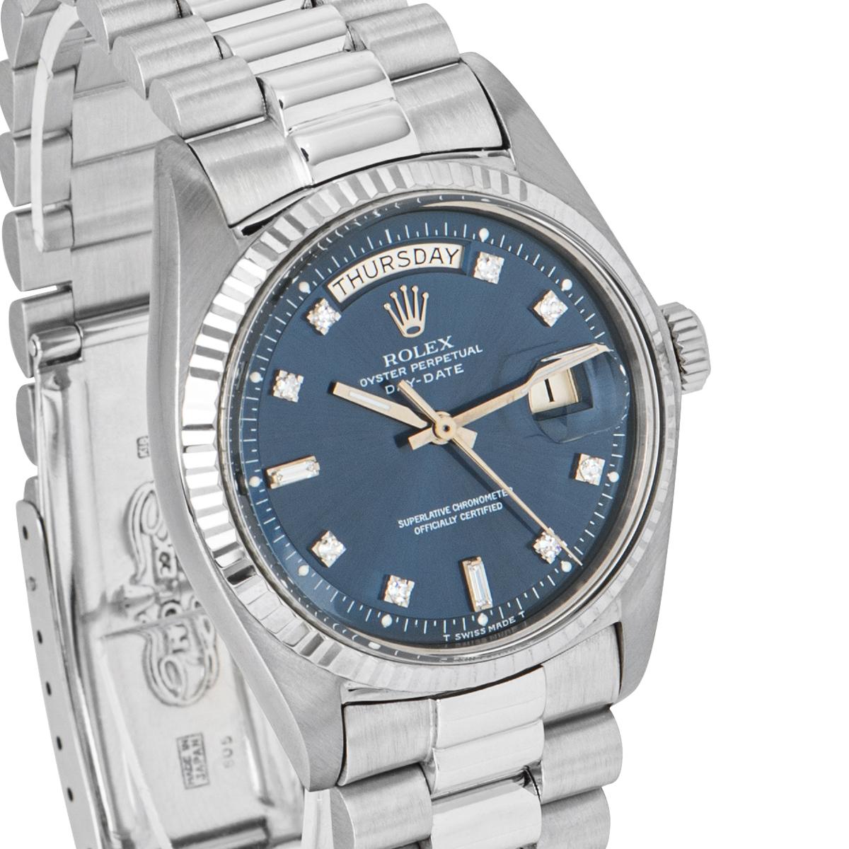 rolex day date white gold blue dial