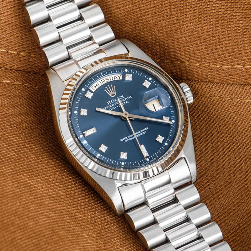 Rolex Day-Date Vintage White Gold Blue Diamond Dial 1803 In Excellent Condition For Sale In London, GB