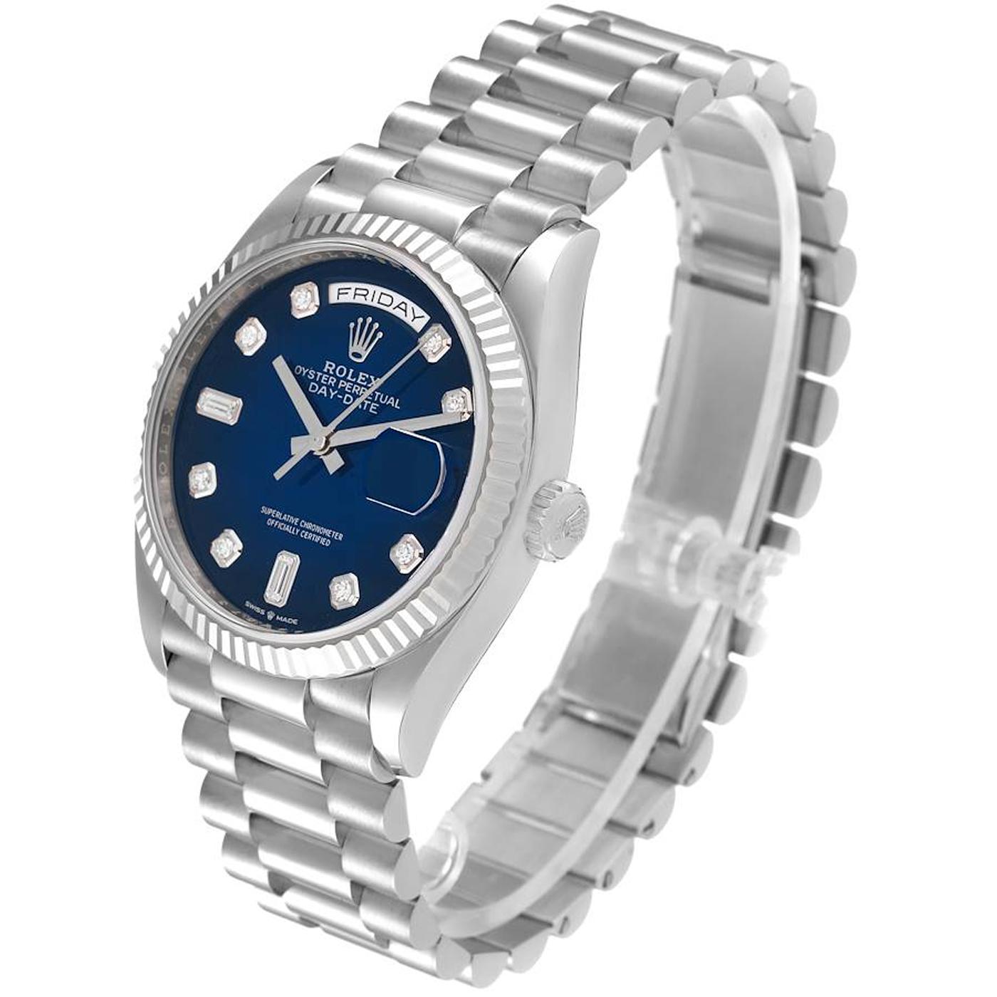 Modernist Rolex Day-Date White Gold Fluted Bezel Blue Ombre Diamond Dial Watch 128239