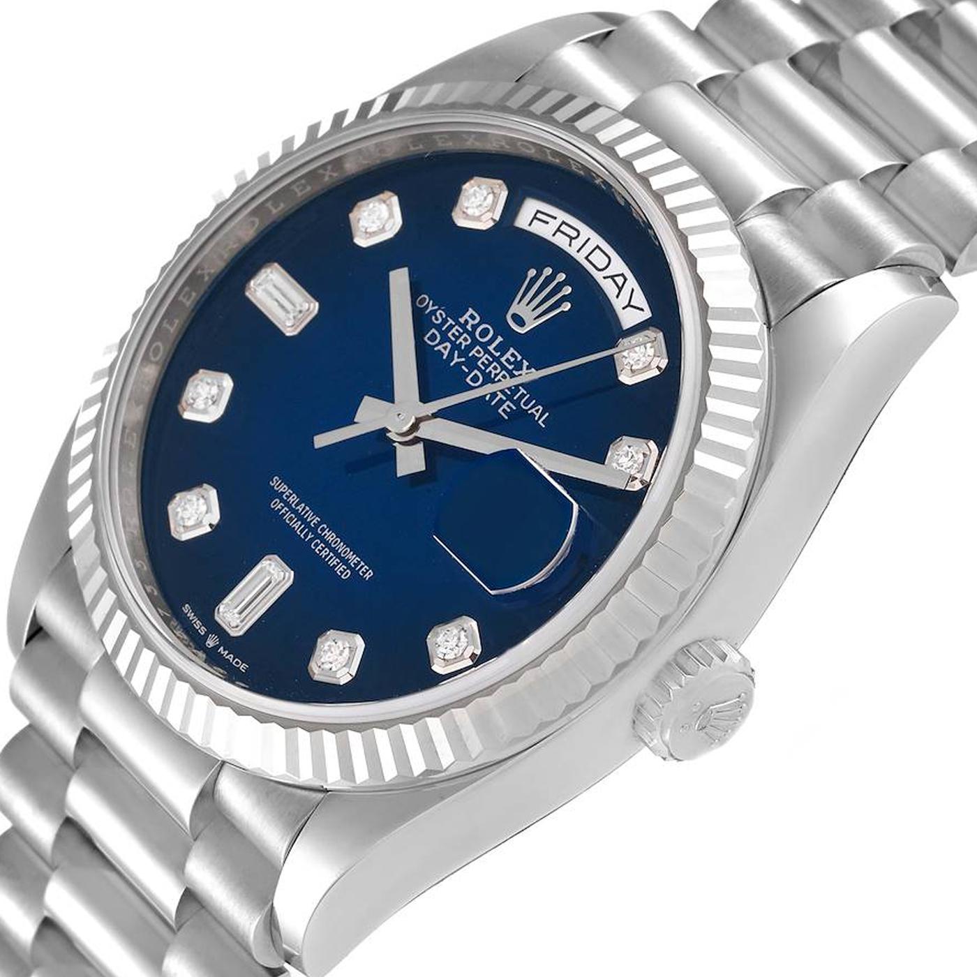 Round Cut Rolex Day-Date White Gold Fluted Bezel Blue Ombre Diamond Dial Watch 128239
