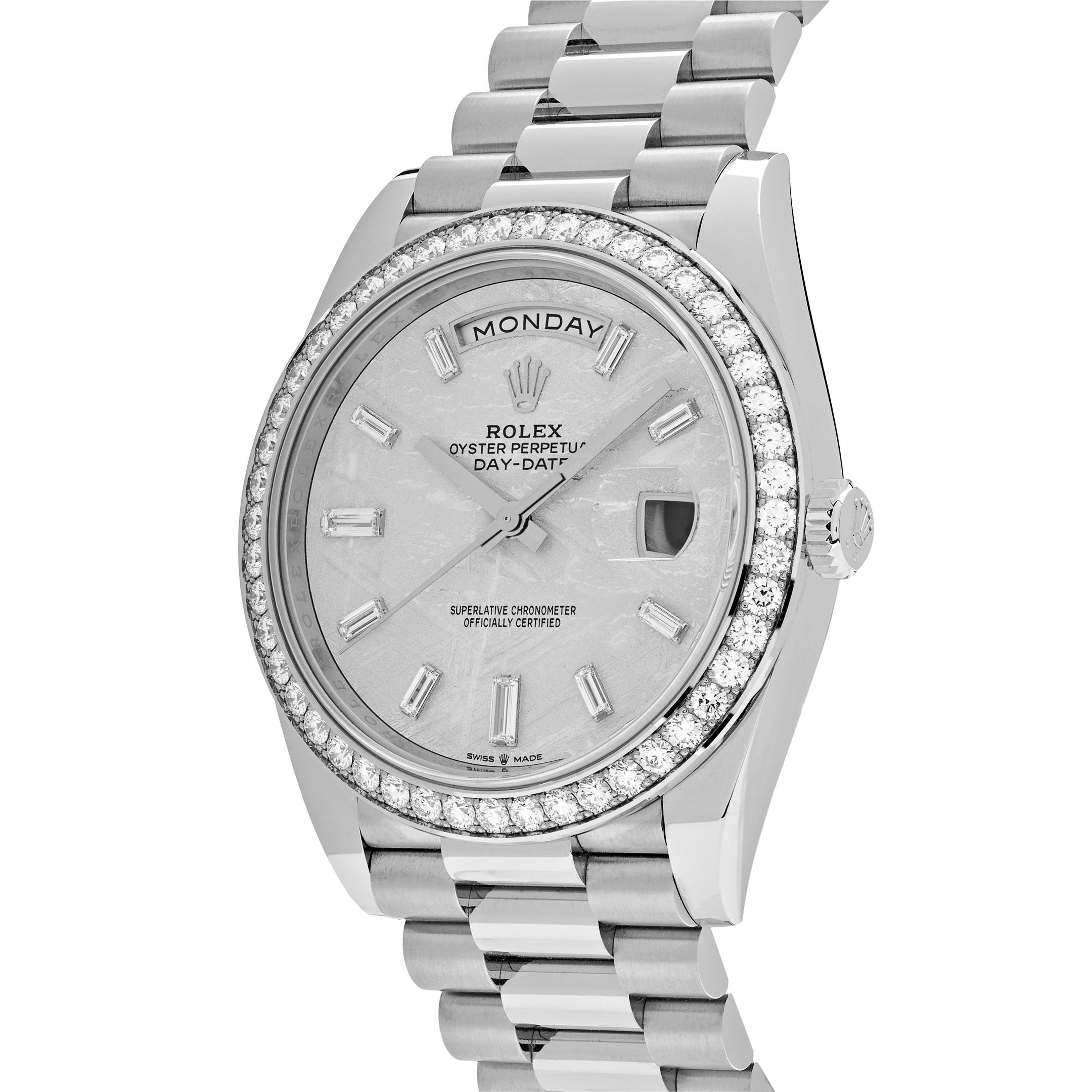 This Rolex Presidential Day-Date is inlaid in a 40mm 18ct white gold case, designed with a unique meteorite design dial set with 10 baguette-cut diamonds, scratch-proof sapphire crystal, a diamond bezel and automatic movement. The signature